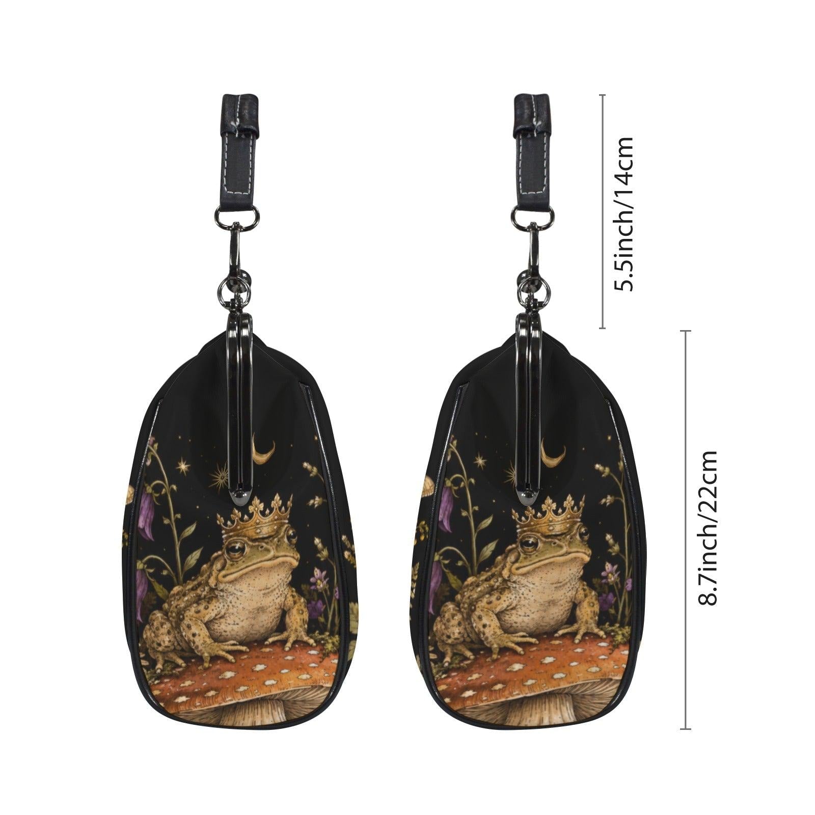 Frog King and Mushroom Print Kiss Lock Handbag with Crossbody Strap