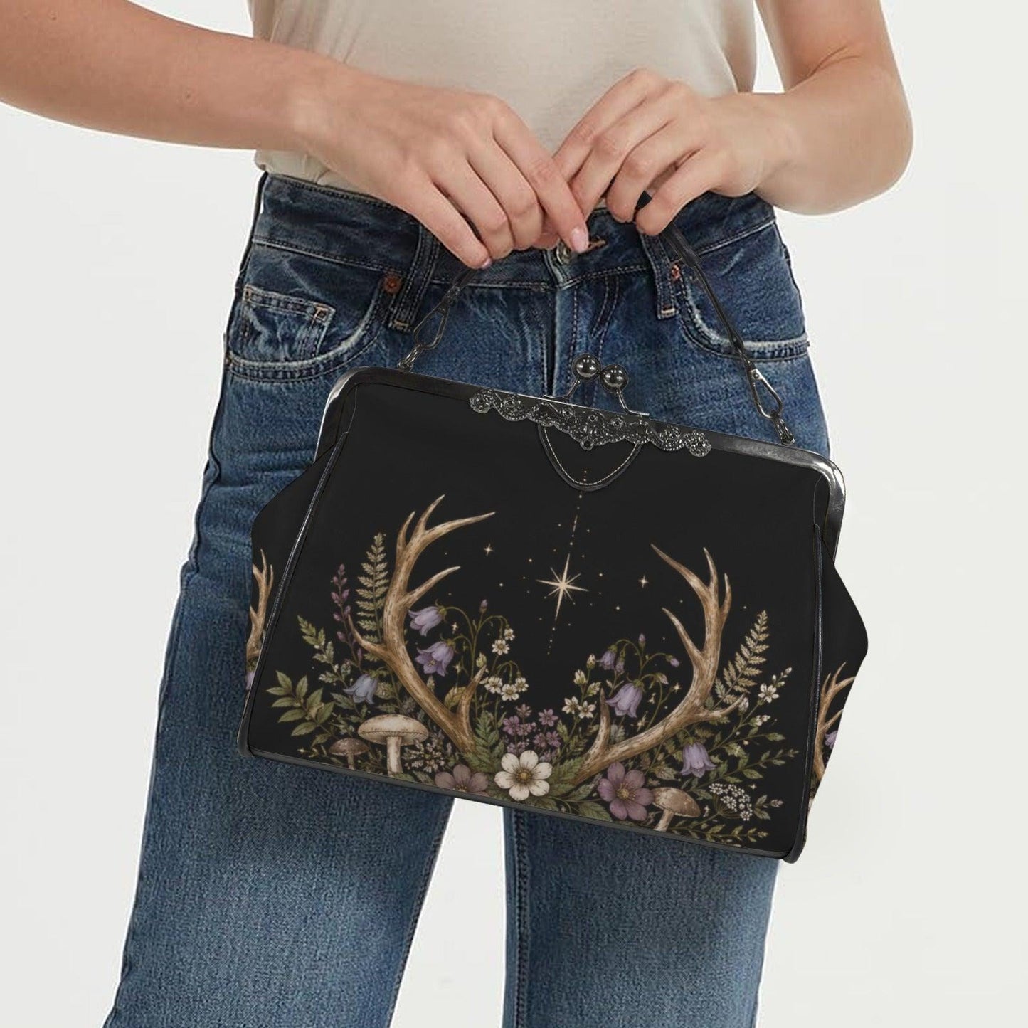 Black Floral Evening Bag, Vintage Kisslock Clutch, Detachable Chain Strap
