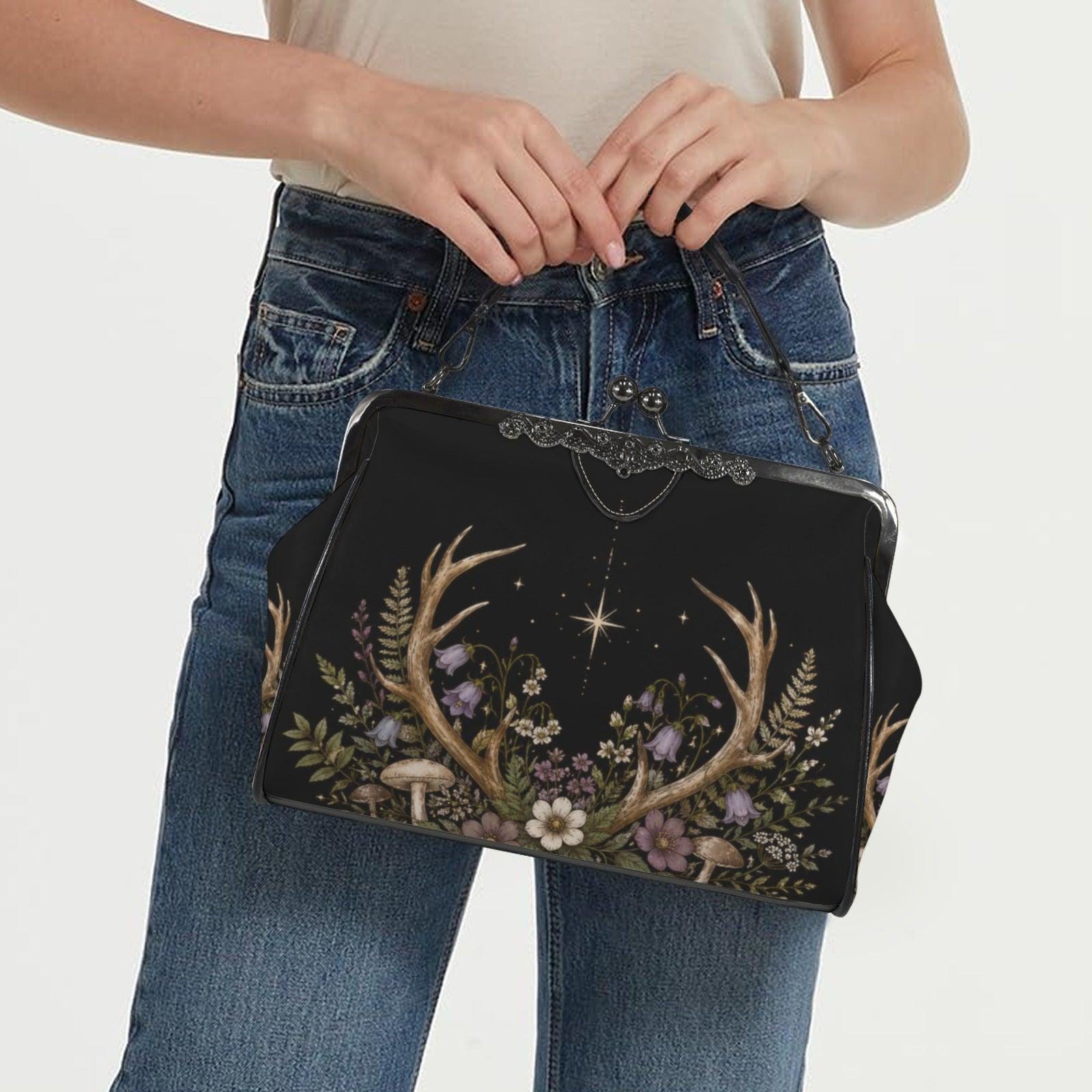 Black Floral Evening Bag, Vintage Kisslock Clutch, Detachable Chain Strap