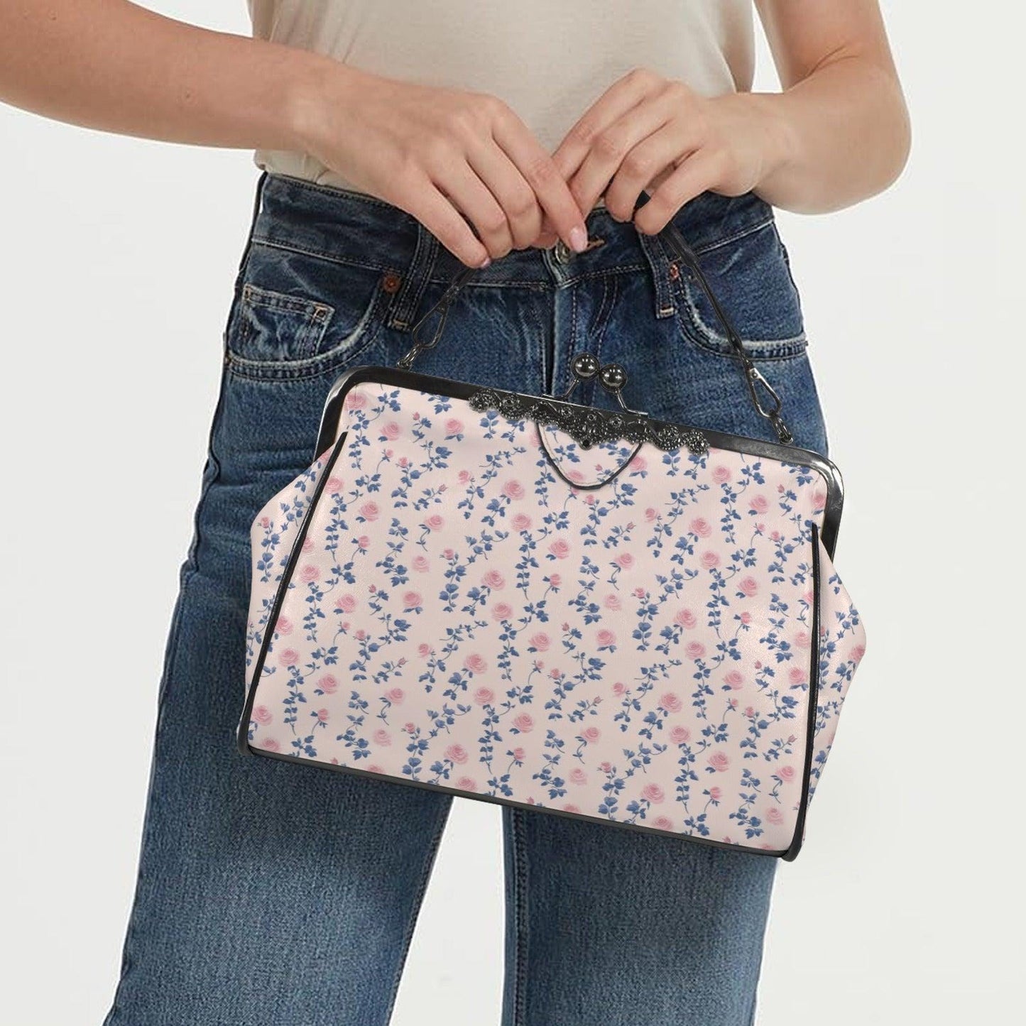 Coquette Floral Crossbody Bag, Pink Blue Ditsy Kiss Lock Purse