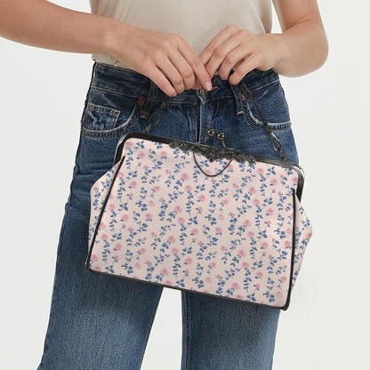 Coquette Floral Crossbody Bag, Pink Blue Ditsy Kiss Lock Purse
