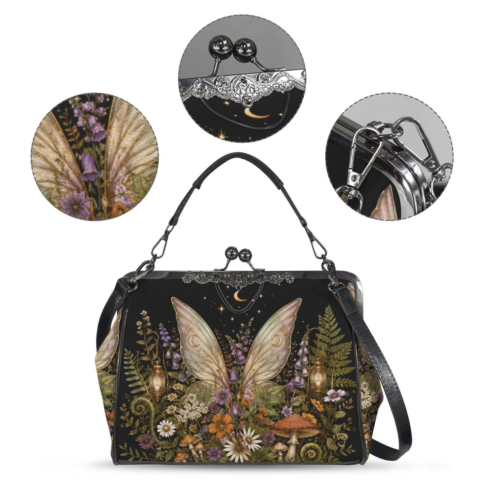Fairycore Kiss Lock Bag, Whimsigoth Butterfly Wings, Moon Wildflower Handbag