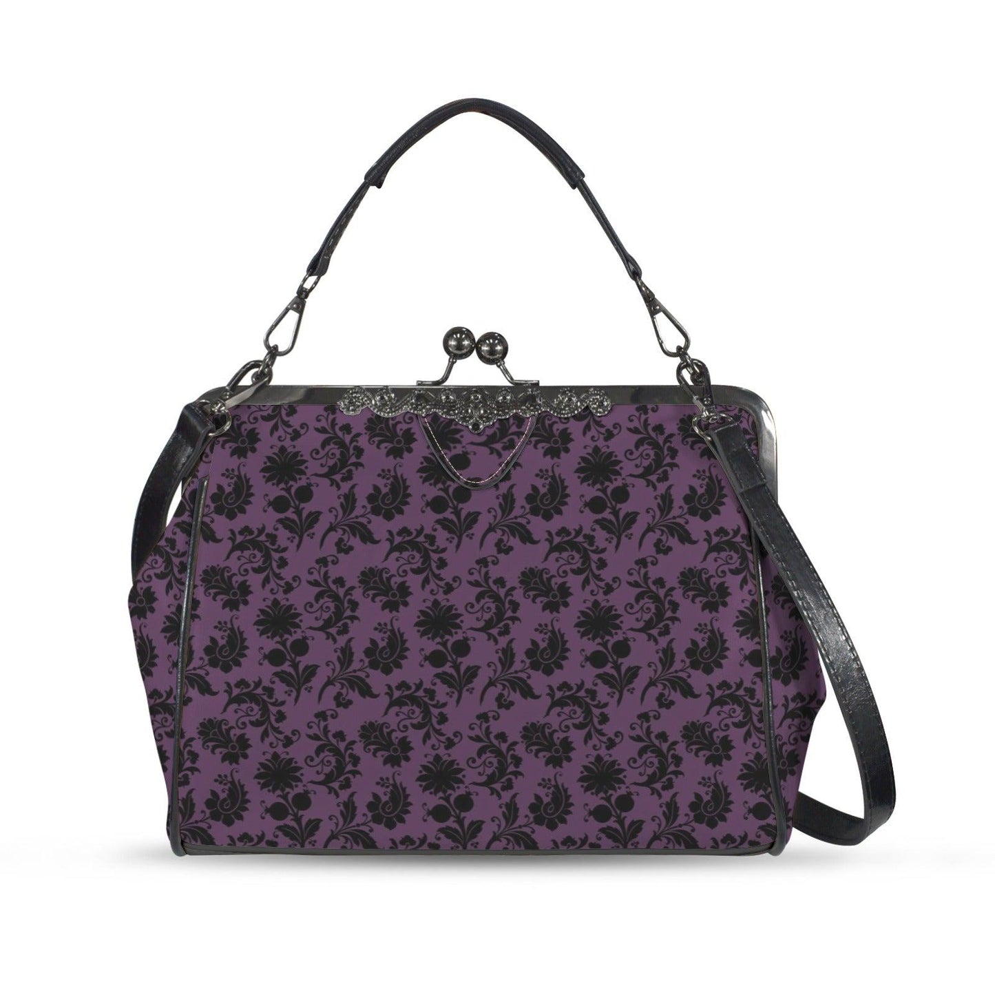 Purple and Black Damask Kiss Lock Handbag with Crossbody Strap