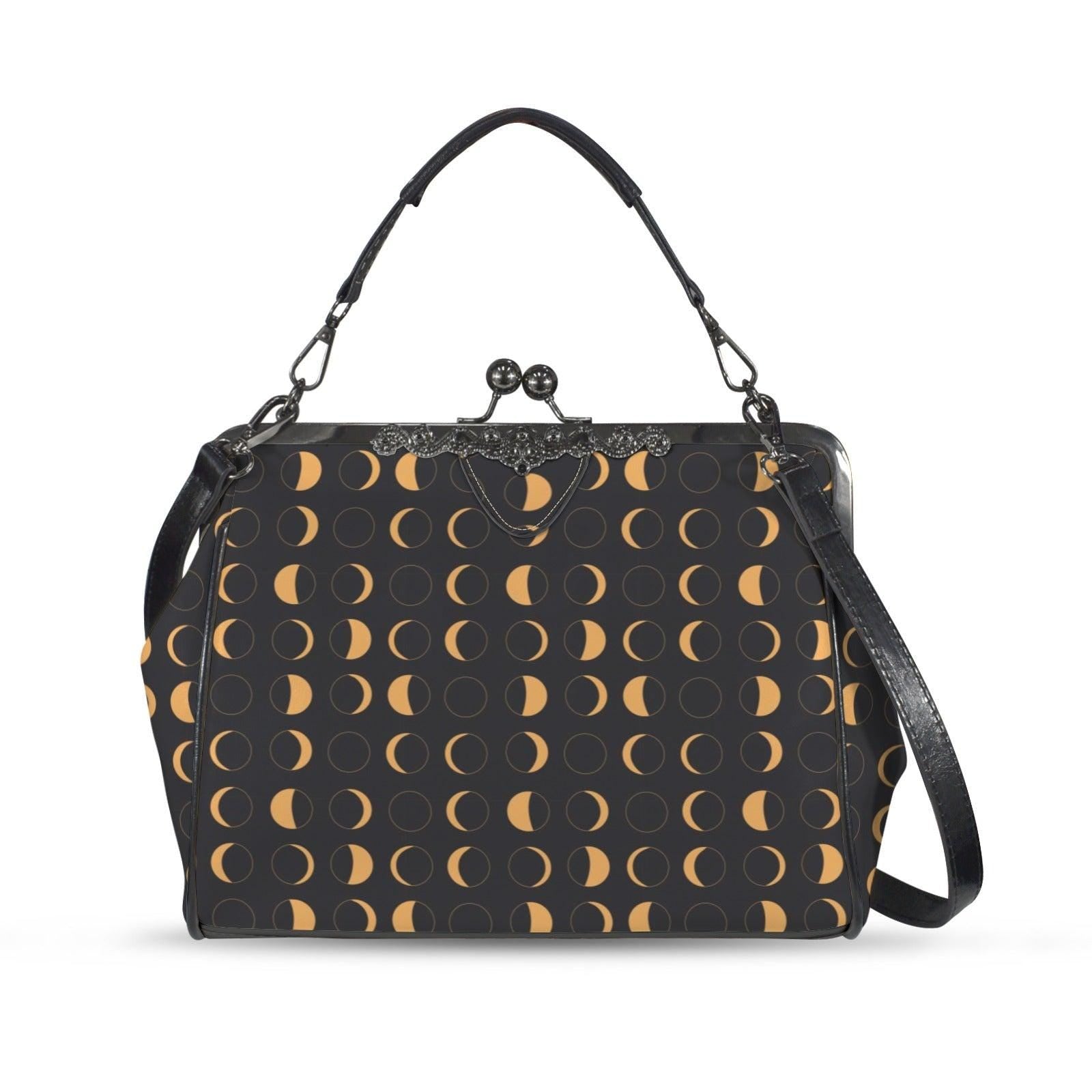 Moon Phase Kiss Lock Handbag, Gold Celestial Black Shoulder Bag
