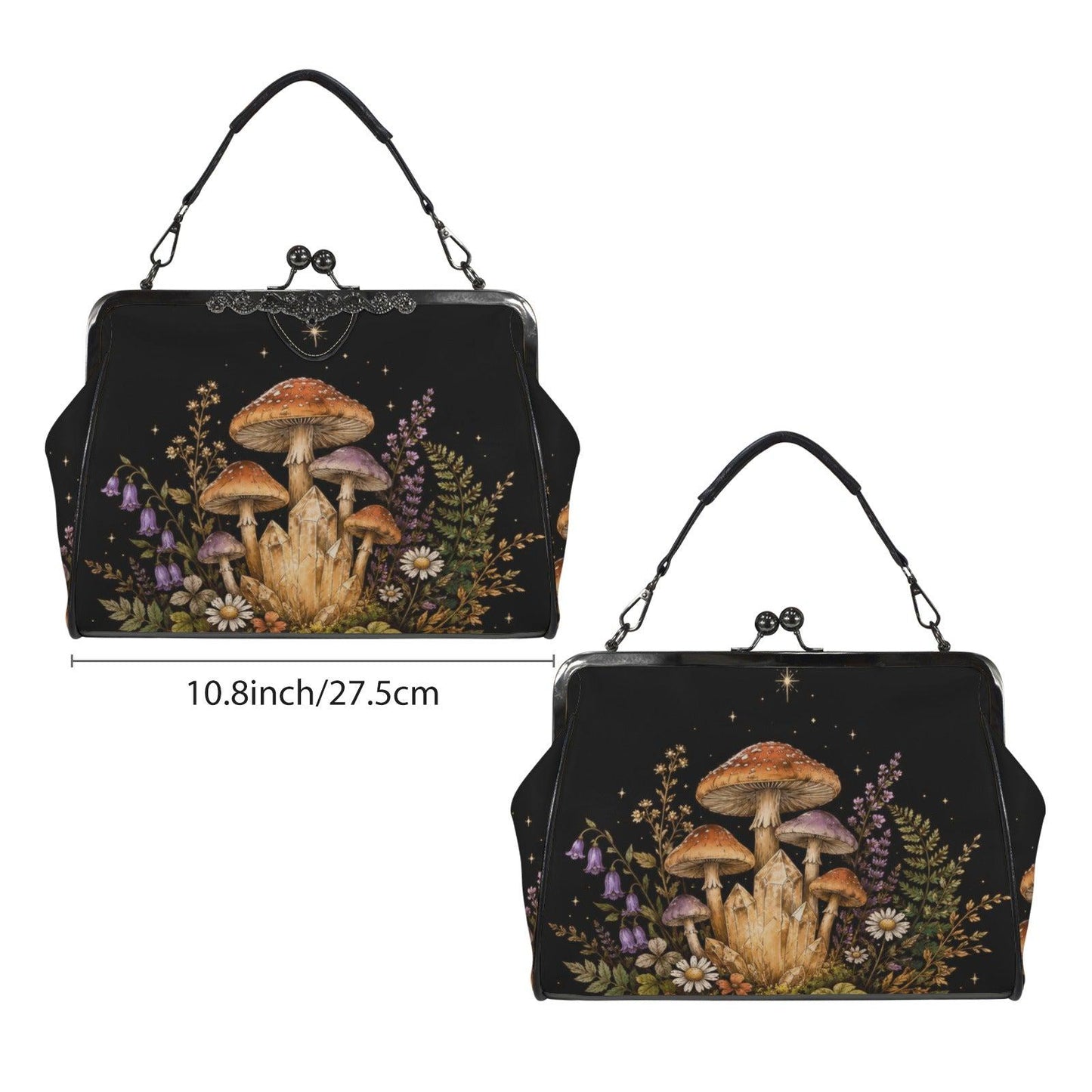 Mushroom Crystal Handbag, Black Kiss Lock Purse, Forest Daisy Print, Witchy Crossbody Bag