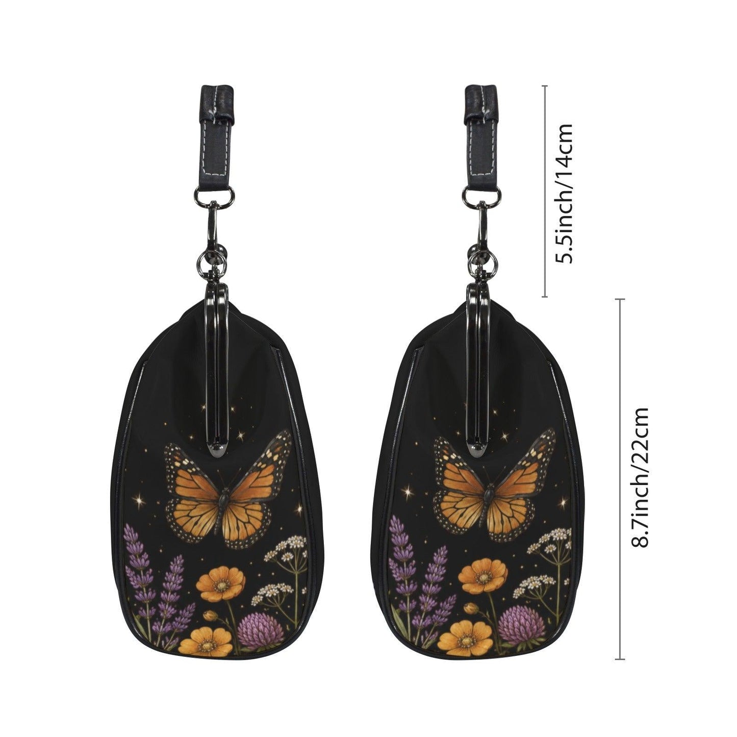 Black Wildflower Butterfly Shoulder Bag, Lavender Floral Kisslock Purse