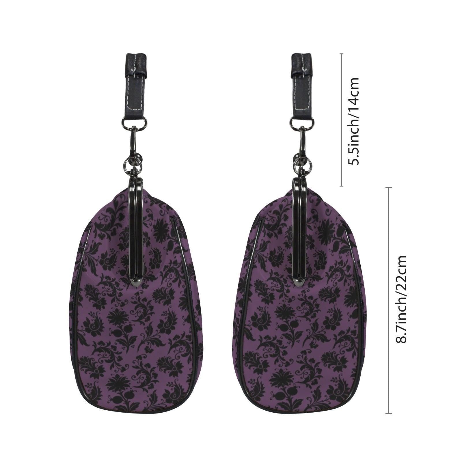 Purple and Black Damask Kiss Lock Handbag with Crossbody Strap