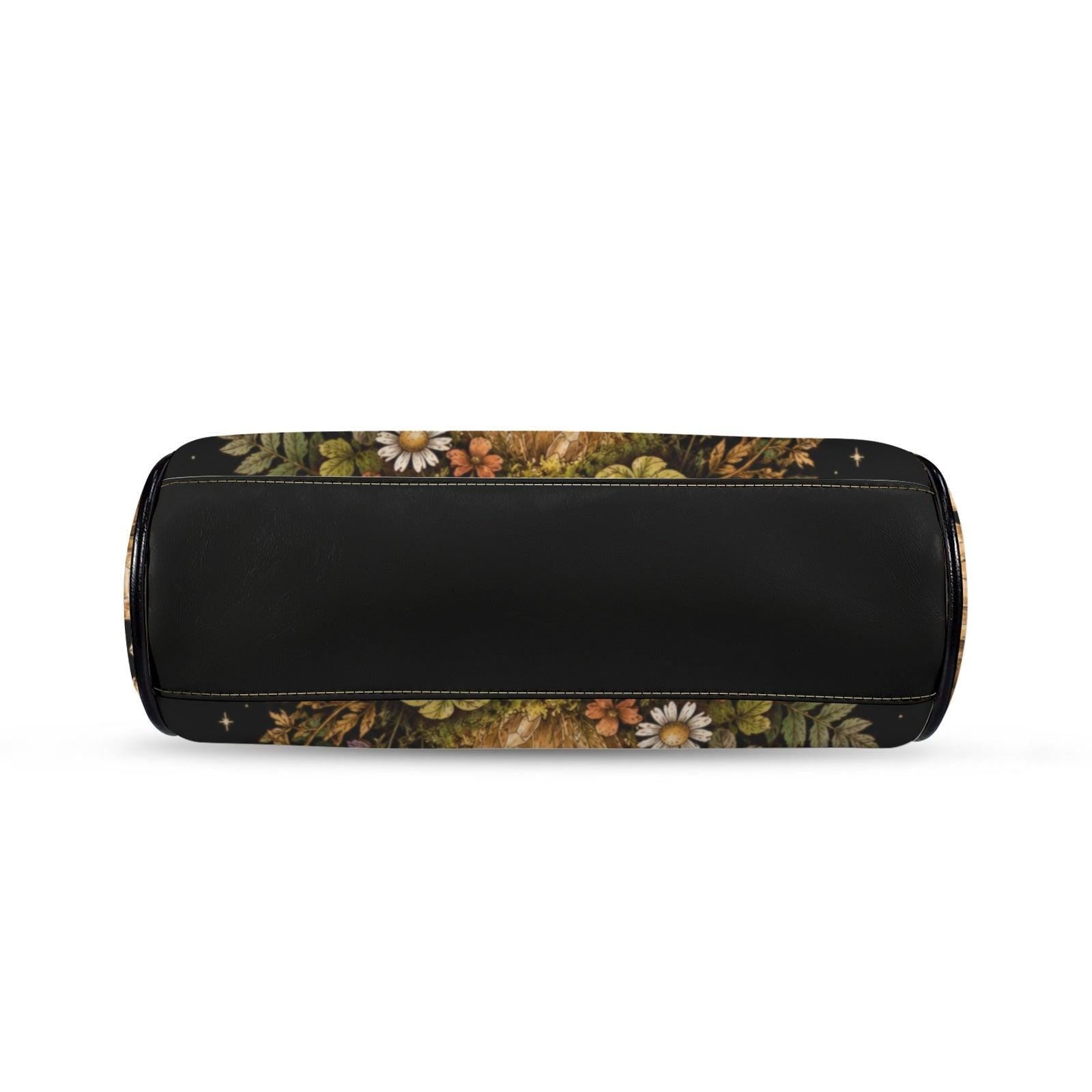 Mushroom Crystal Handbag, Black Kiss Lock Purse, Forest Daisy Print, Witchy Crossbody Bag