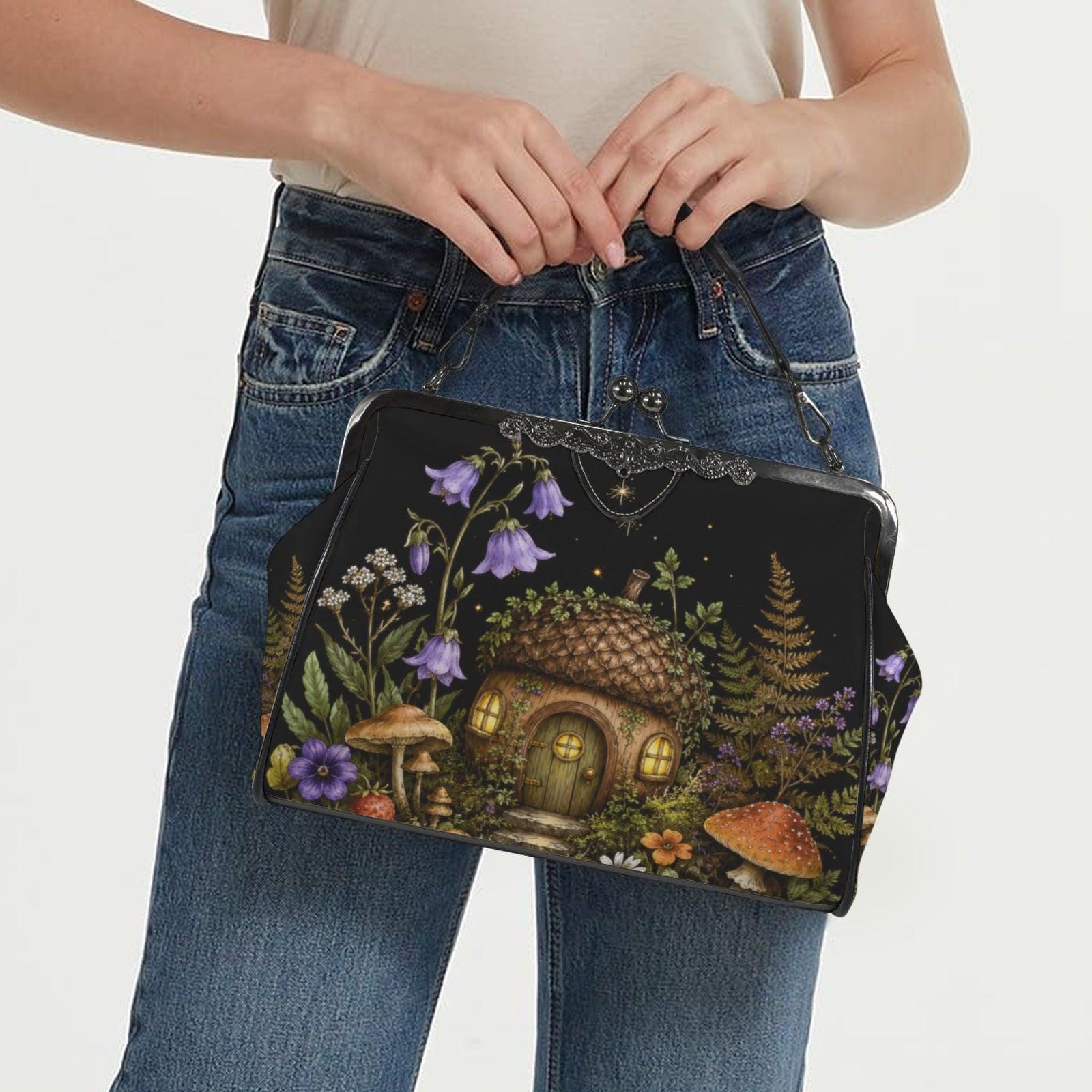 Mushroom Fairy House Crossbody Bag, Cottagecore Woodland Kiss Lock Purse