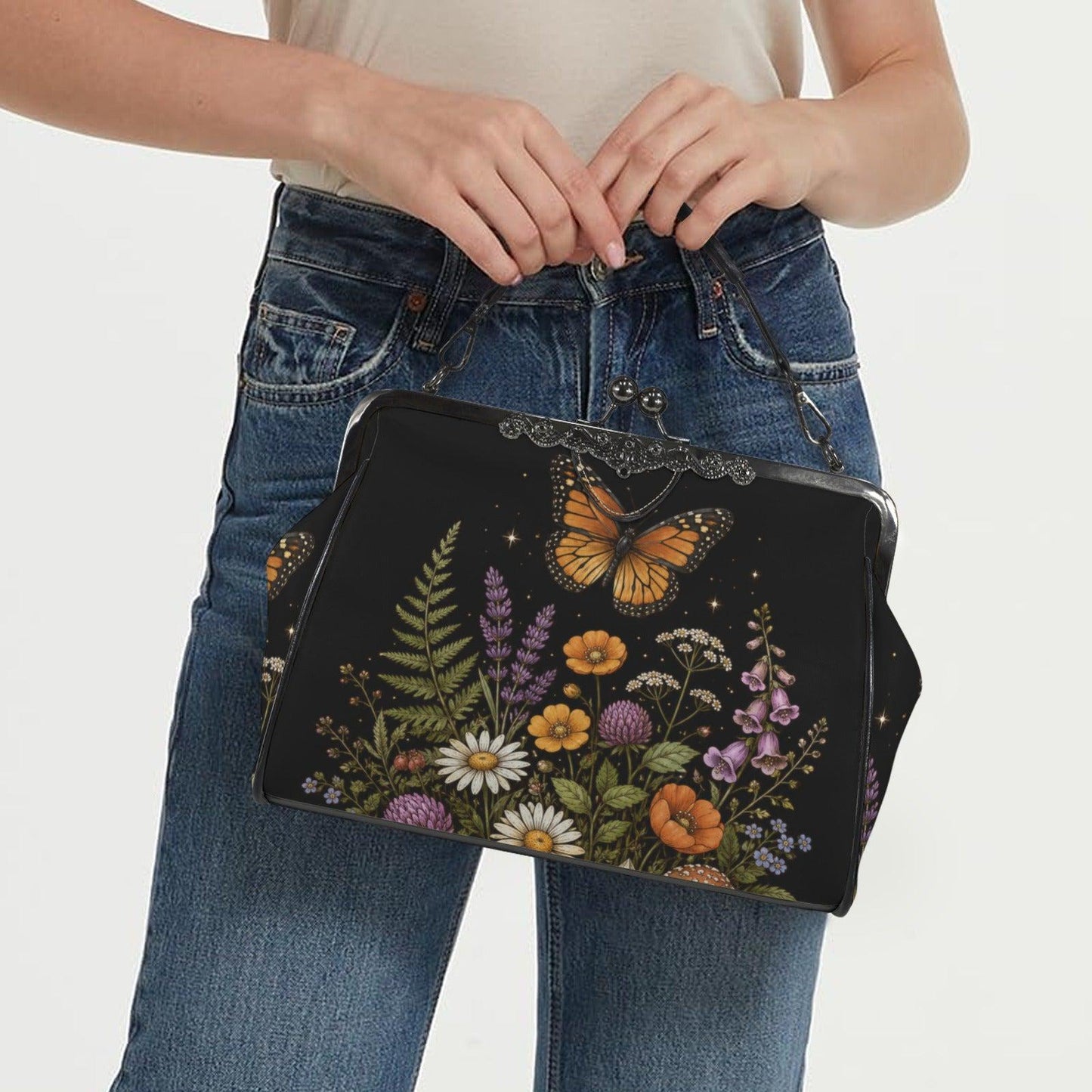 Black Wildflower Butterfly Shoulder Bag, Lavender Floral Kisslock Purse