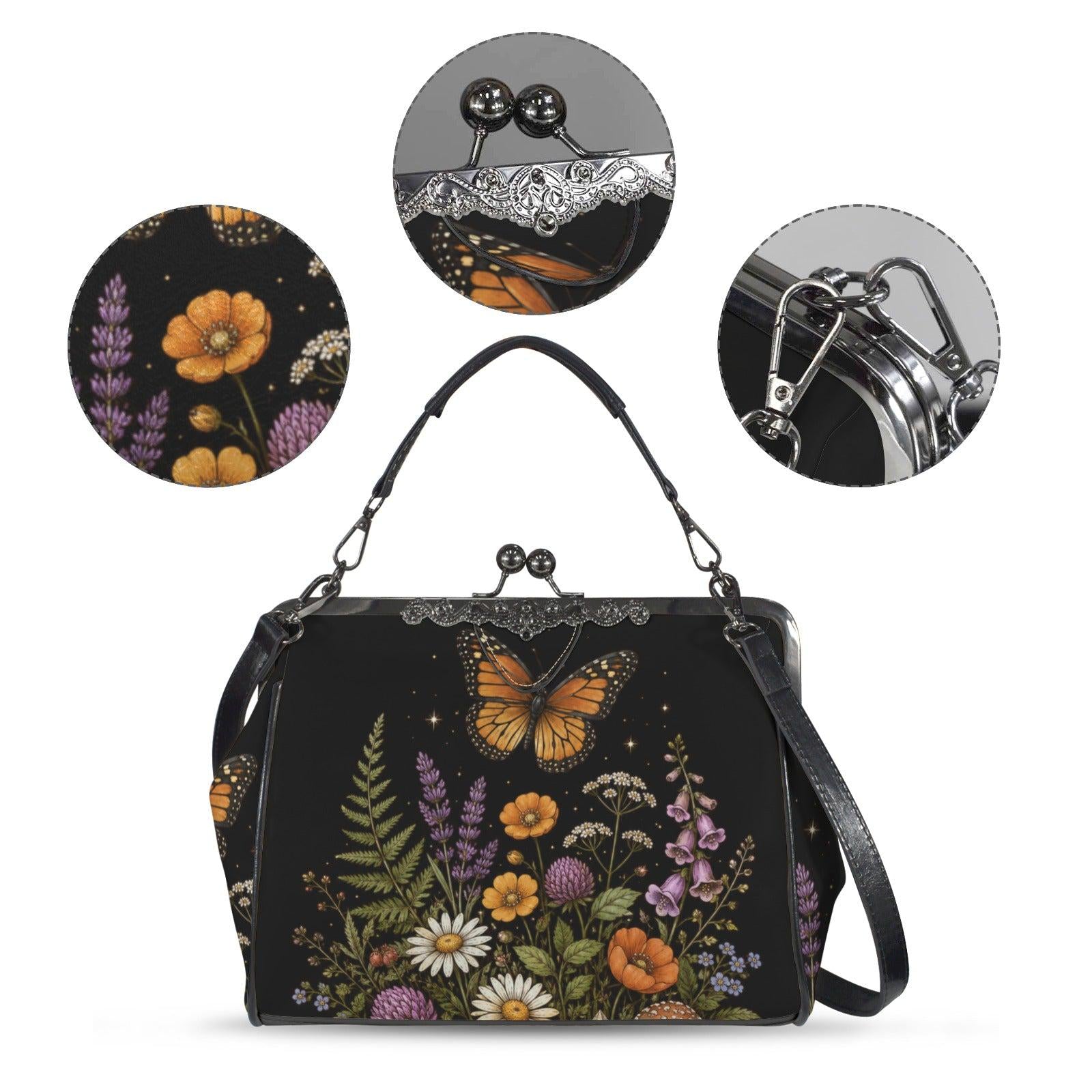 Black Wildflower Butterfly Shoulder Bag, Lavender Floral Kisslock Purse
