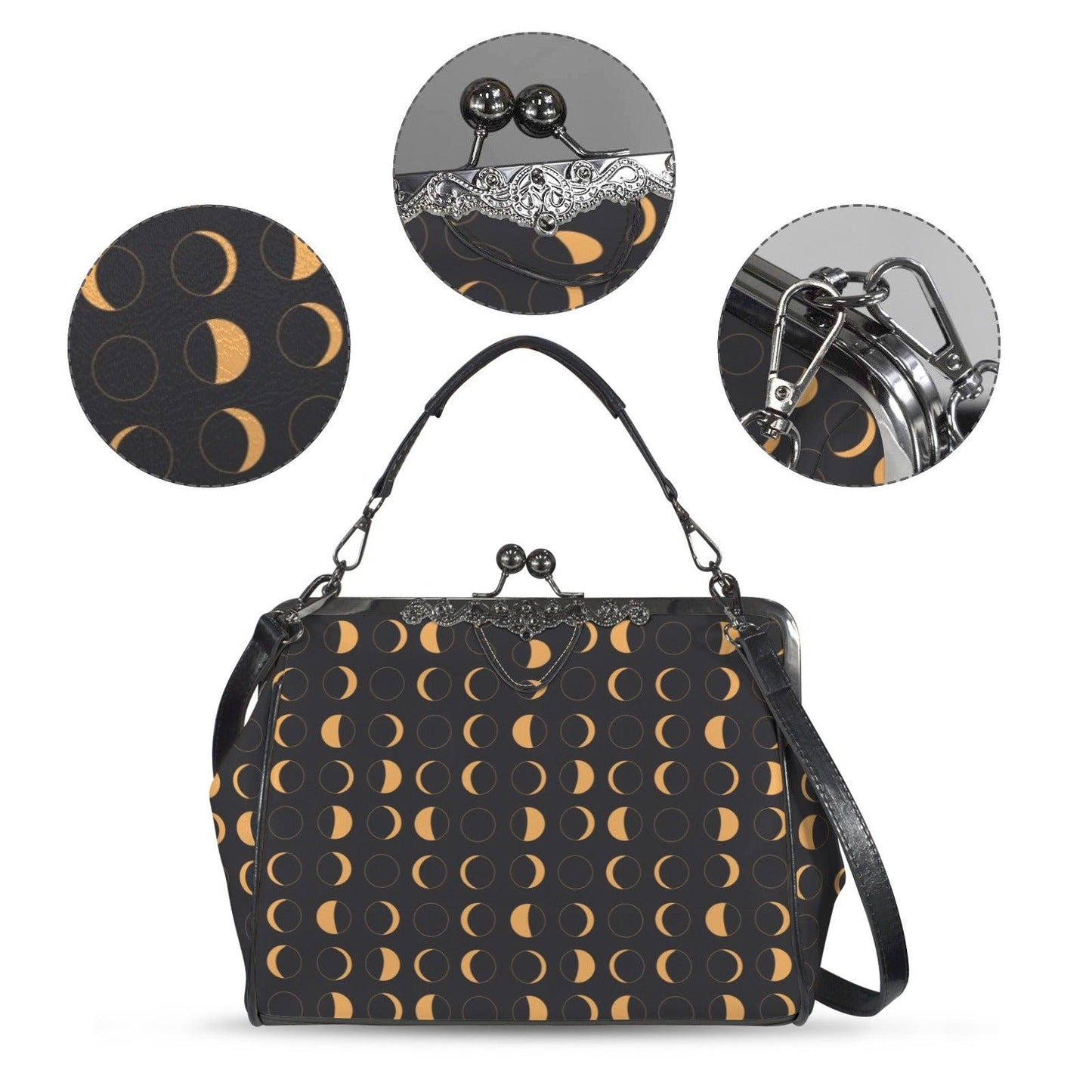 Moon Phase Kiss Lock Handbag, Gold Celestial Black Shoulder Bag
