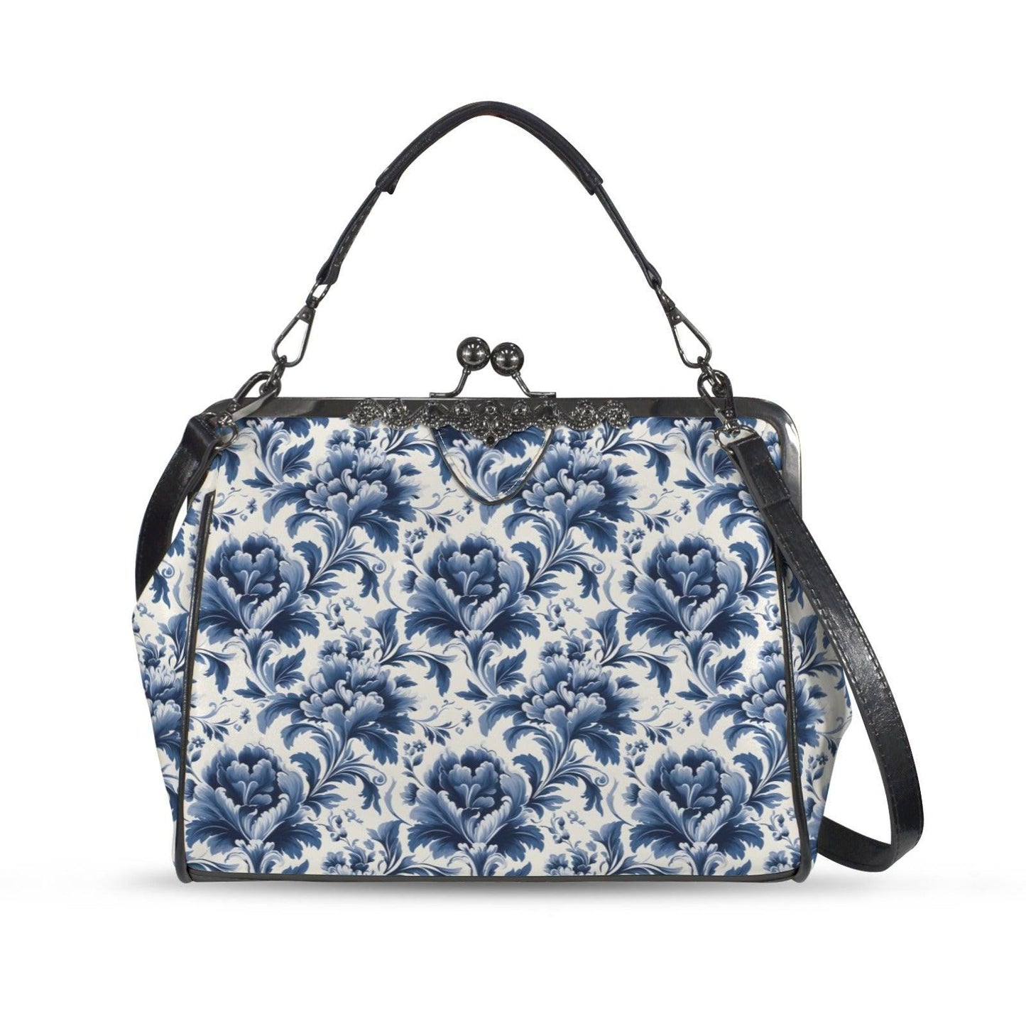 Blue Floral Kiss Lock Purse, Chinoiserie Porcelain Print Handbag, Vintage Style Crossbody Bag