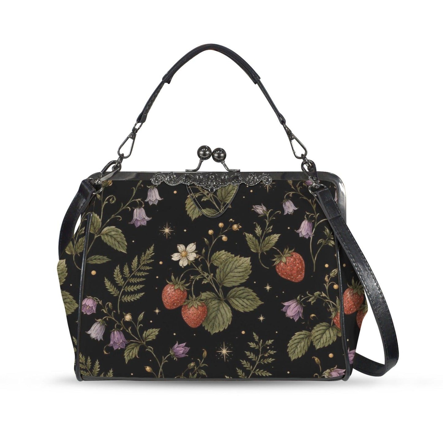Black Wild Strawberry Kiss Lock Handbag, Vintage Cottagecore Crossbody Purse