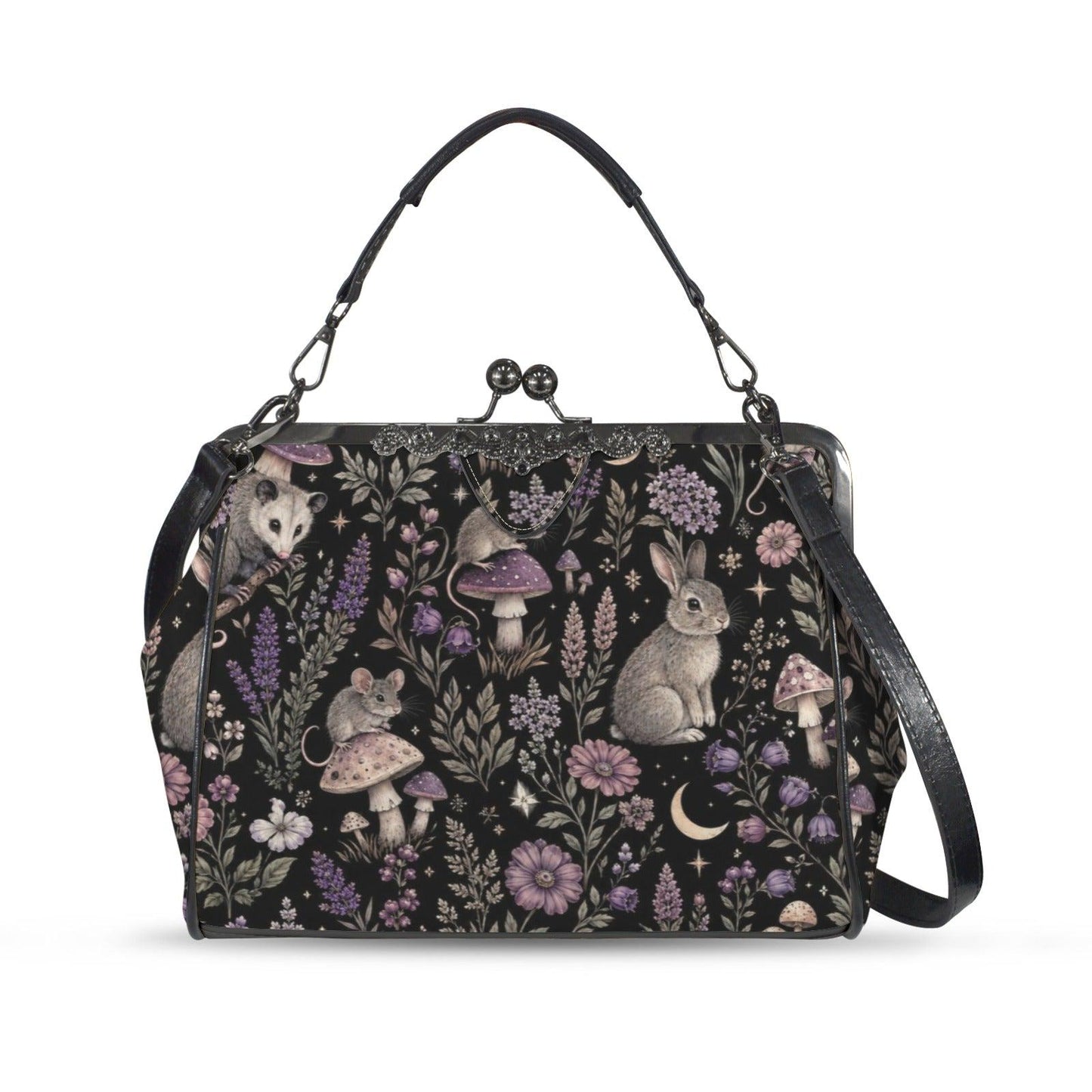 Woodland Animal Kiss Lock Bag, Opossum Rabbit Mouse Floral Print Purse