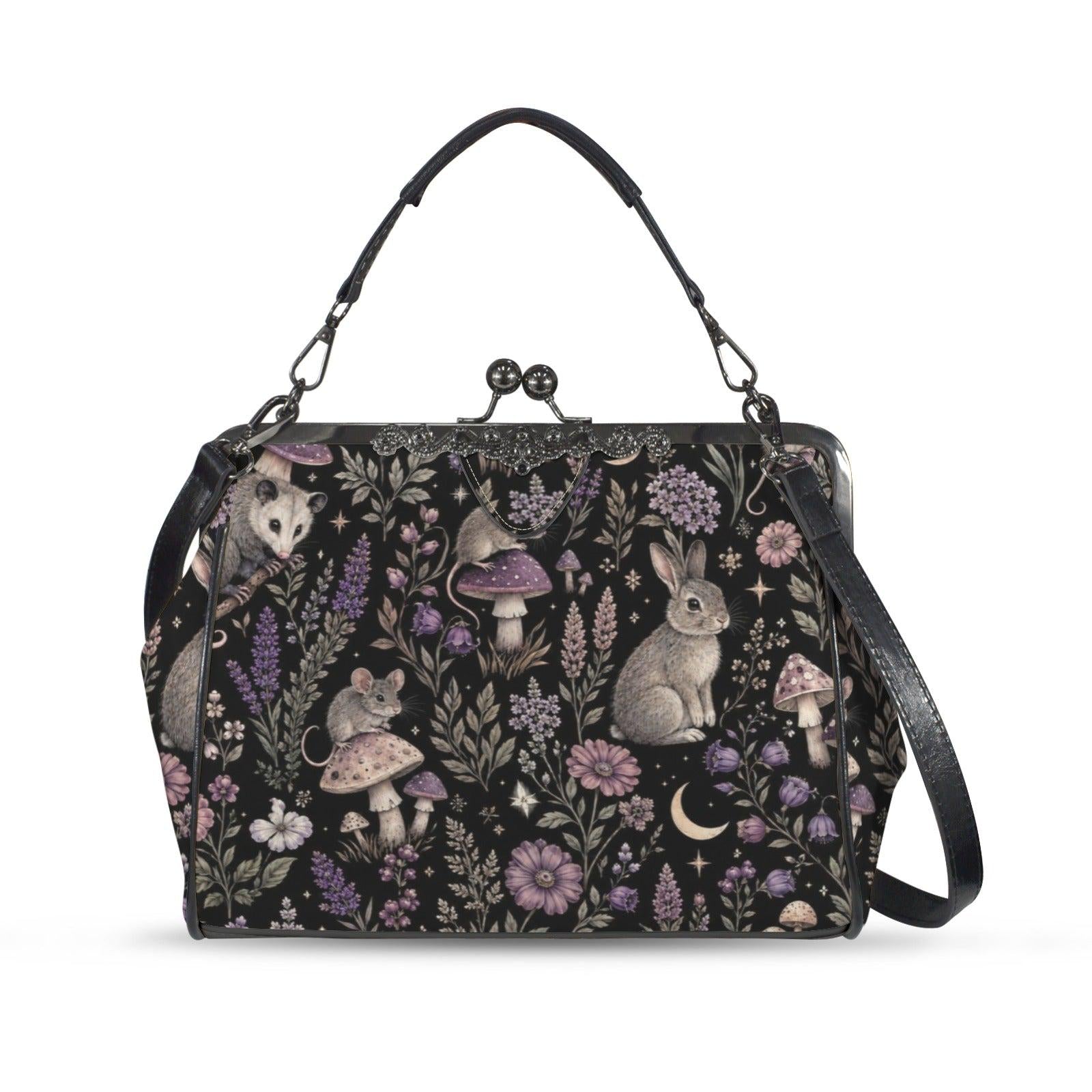 Woodland Animal Kiss Lock Bag, Opossum Rabbit Mouse Floral Print Purse