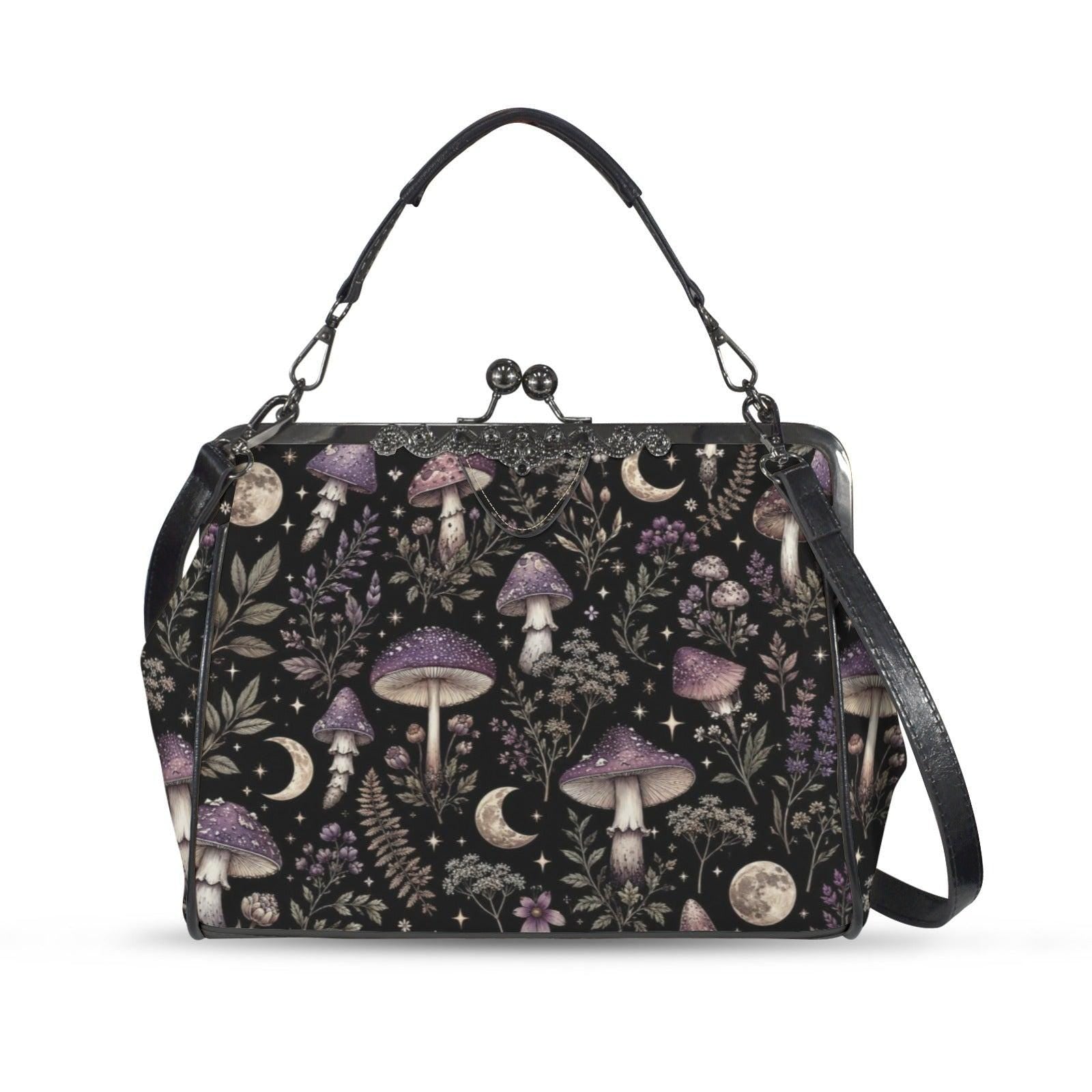 Witchy Mushroom Moth Print Crossbody Bag, Dark Forest Kisslock Purse