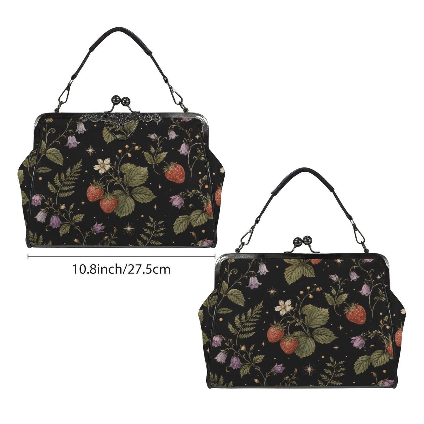 Black Wild Strawberry Kiss Lock Handbag, Vintage Cottagecore Crossbody Purse