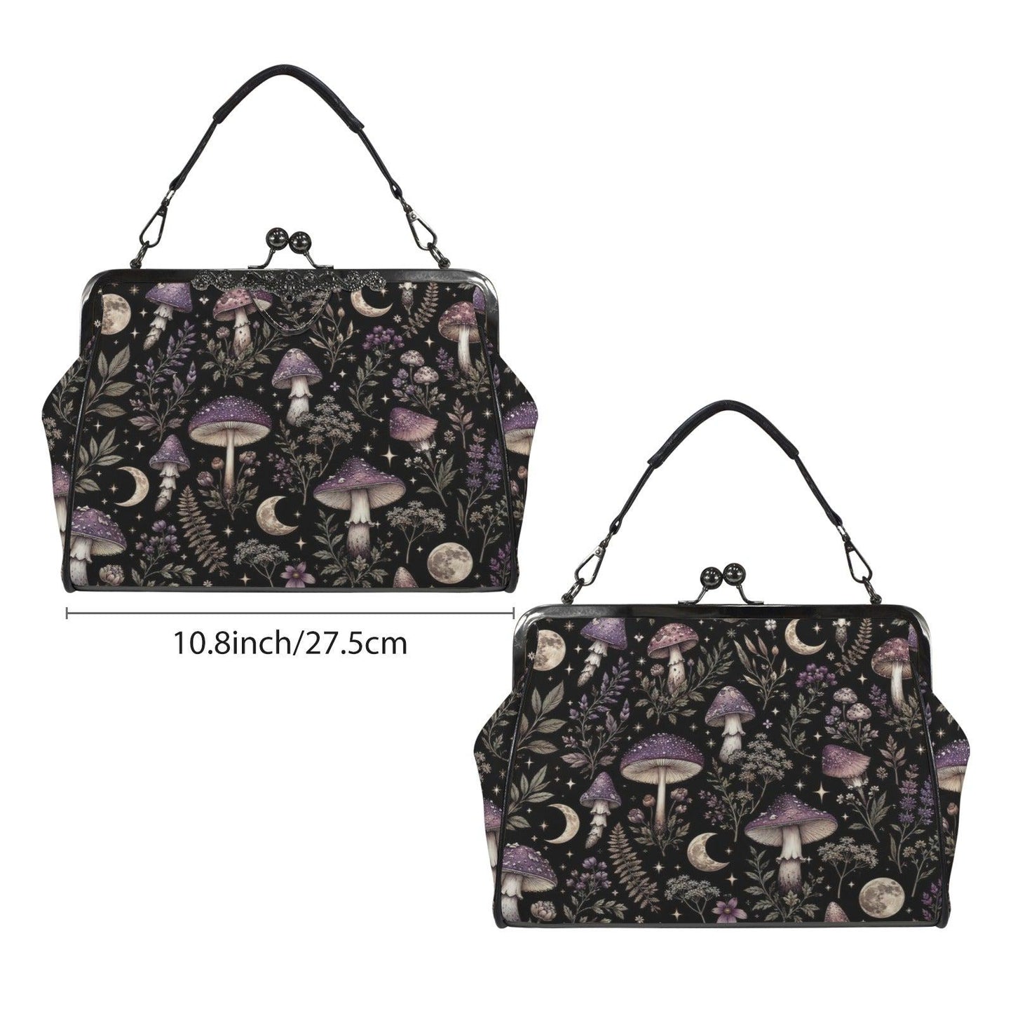 Witchy Mushroom Moth Print Crossbody Bag, Dark Forest Kisslock Purse