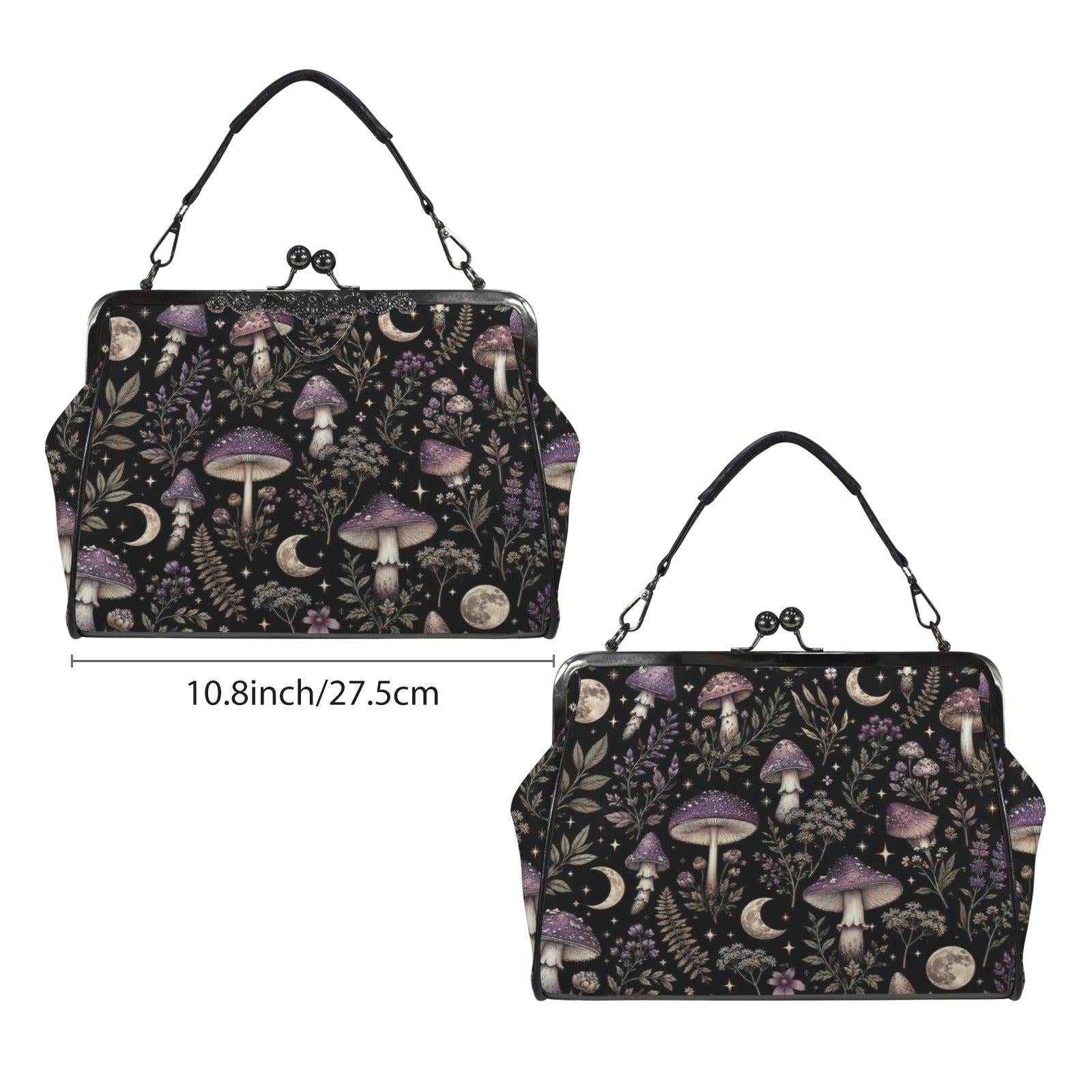 Witchy Mushroom Moth Print Crossbody Bag, Dark Forest Kisslock Purse