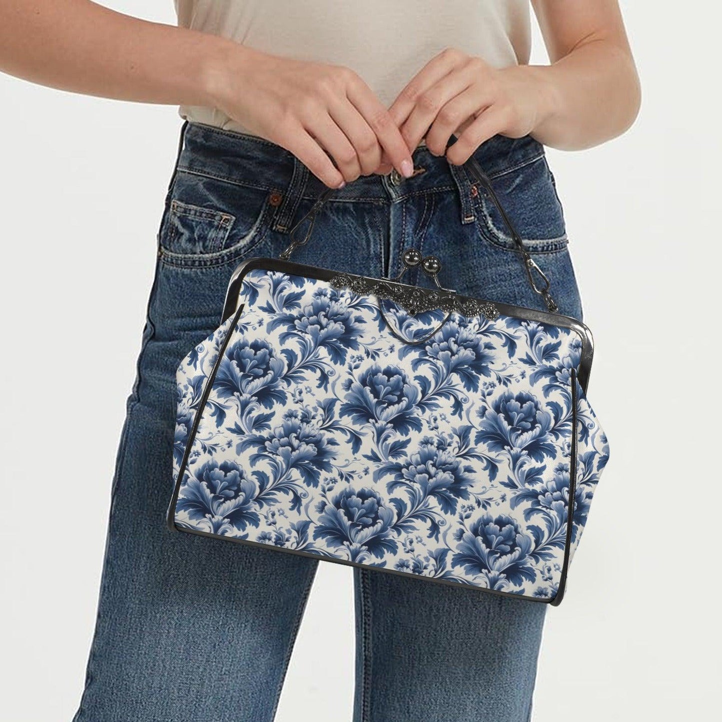 Blue Floral Kiss Lock Purse, Chinoiserie Porcelain Print Handbag, Vintage Style Crossbody Bag