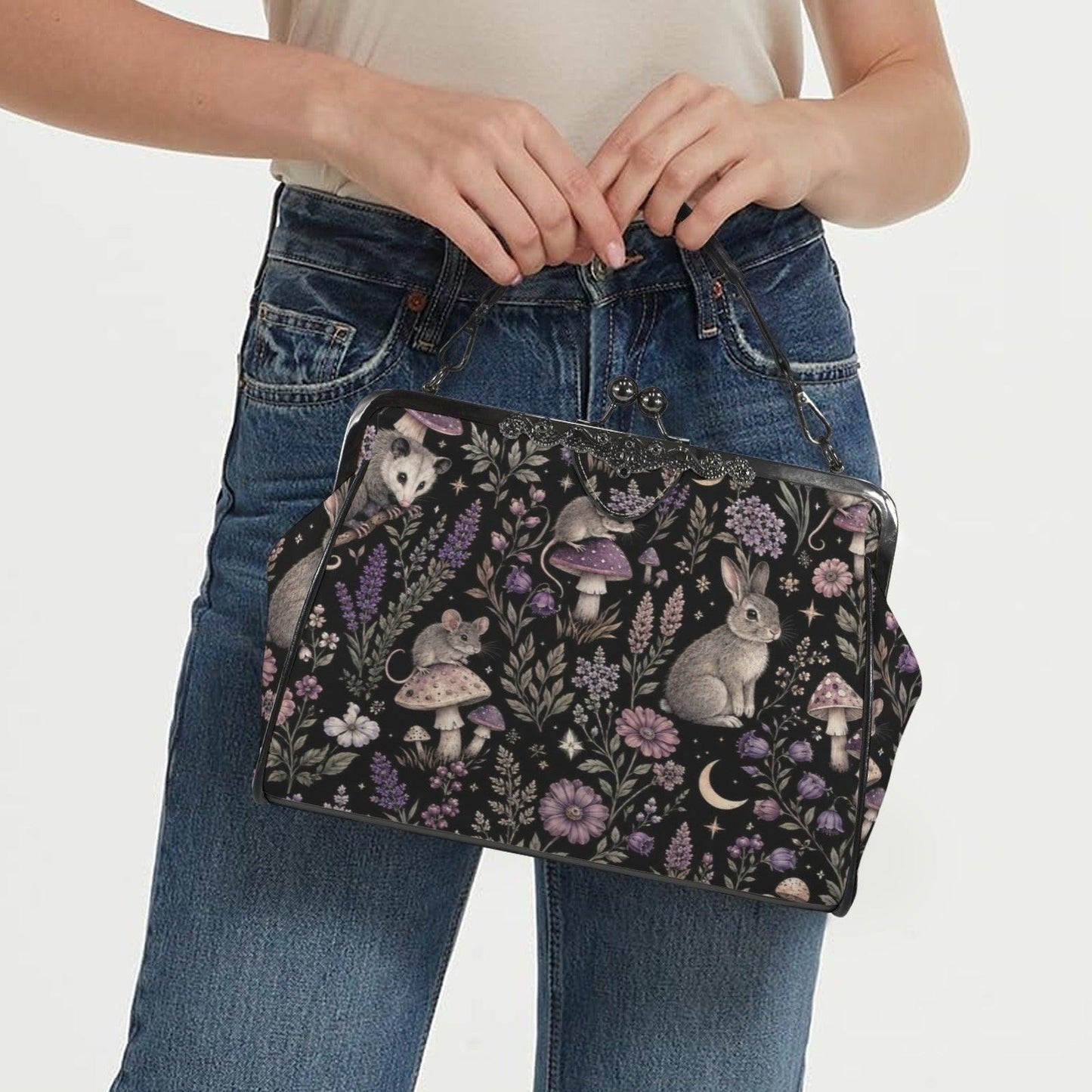Woodland Animal Kiss Lock Bag, Opossum Rabbit Mouse Floral Print Purse
