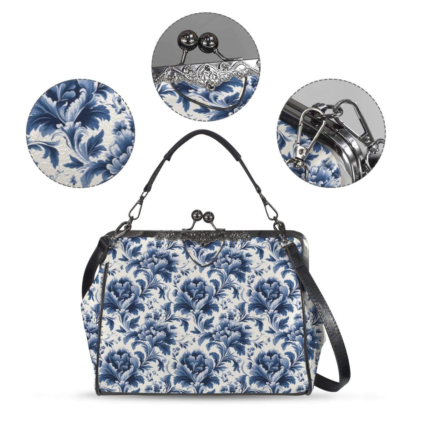 Blue Floral Kiss Lock Purse, Chinoiserie Porcelain Print Handbag, Vintage Style Crossbody Bag