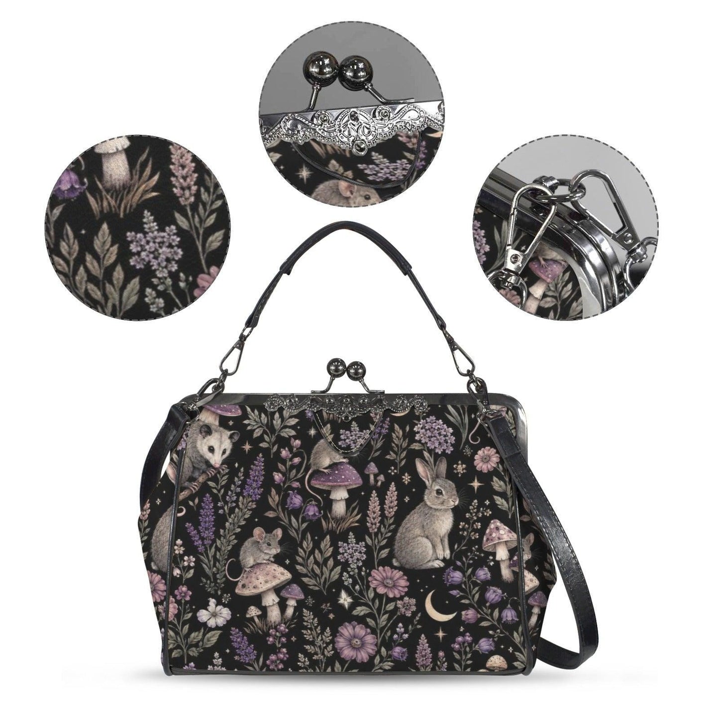 Woodland Animal Kiss Lock Bag, Opossum Rabbit Mouse Floral Print Purse
