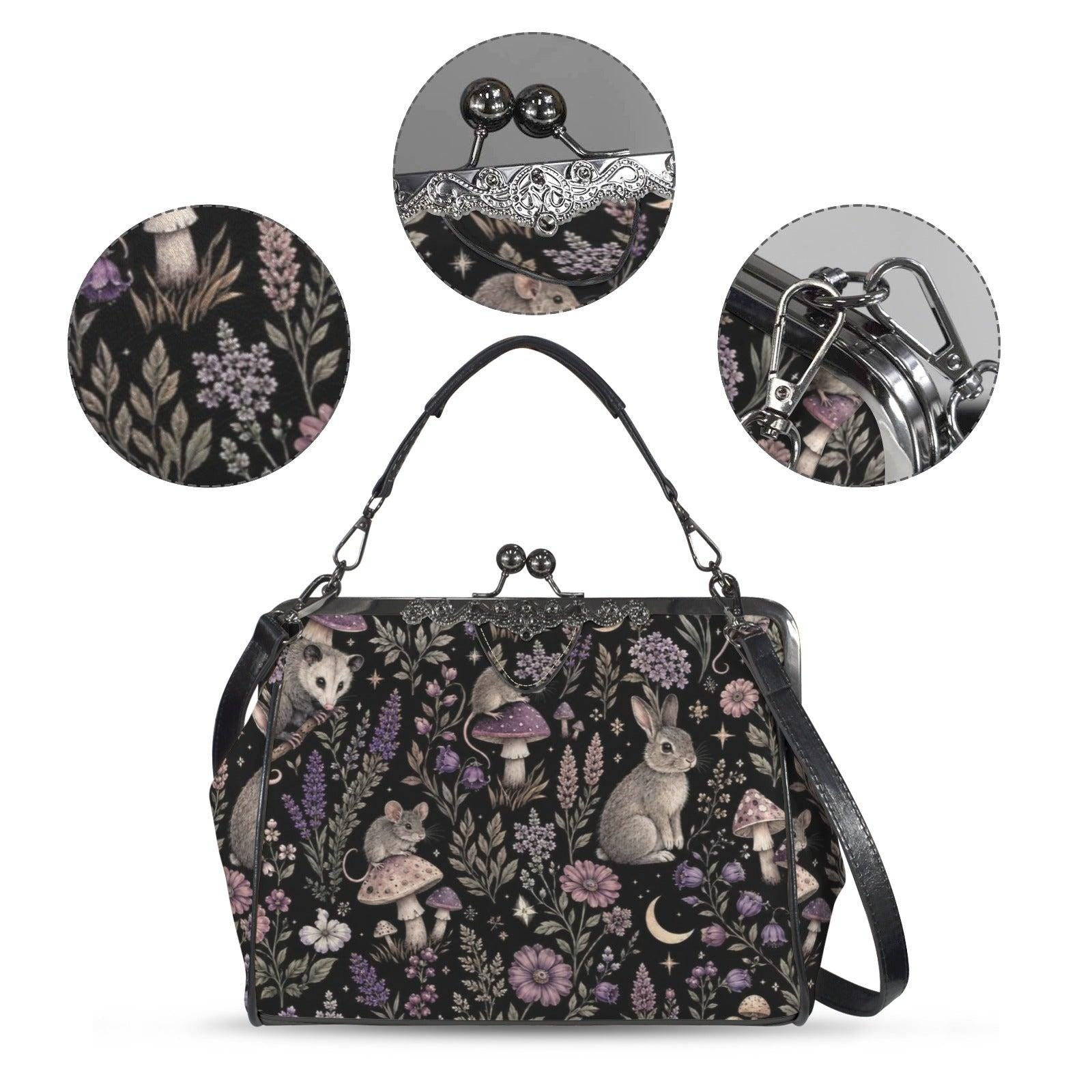 Woodland Animal Kiss Lock Bag, Opossum Rabbit Mouse Floral Print Purse