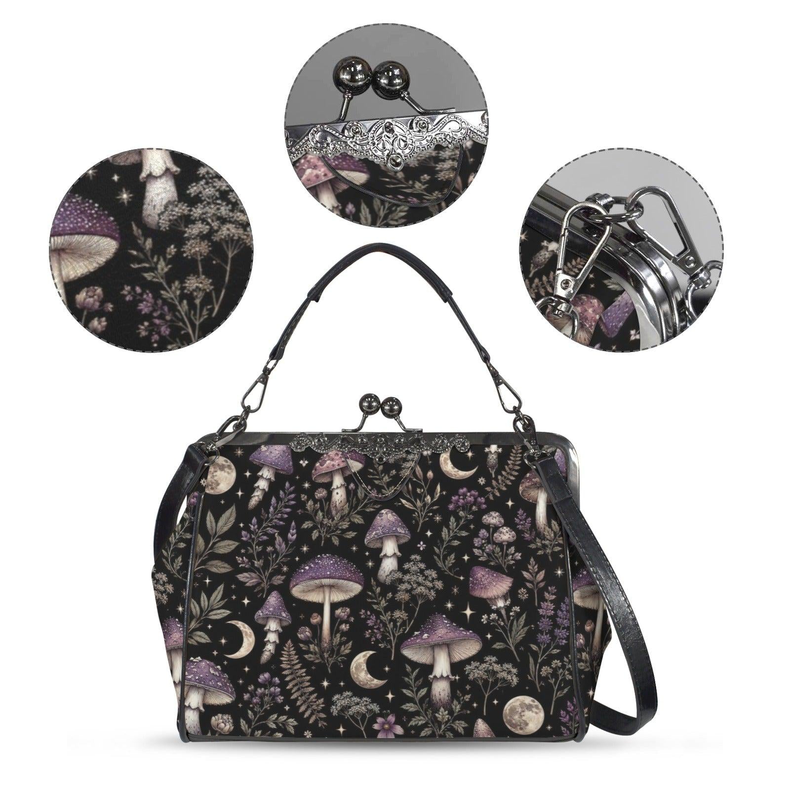 Witchy Mushroom Moth Print Crossbody Bag, Dark Forest Kisslock Purse