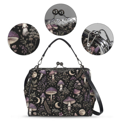 Witchy Mushroom Moth Print Crossbody Bag, Dark Forest Kisslock Purse