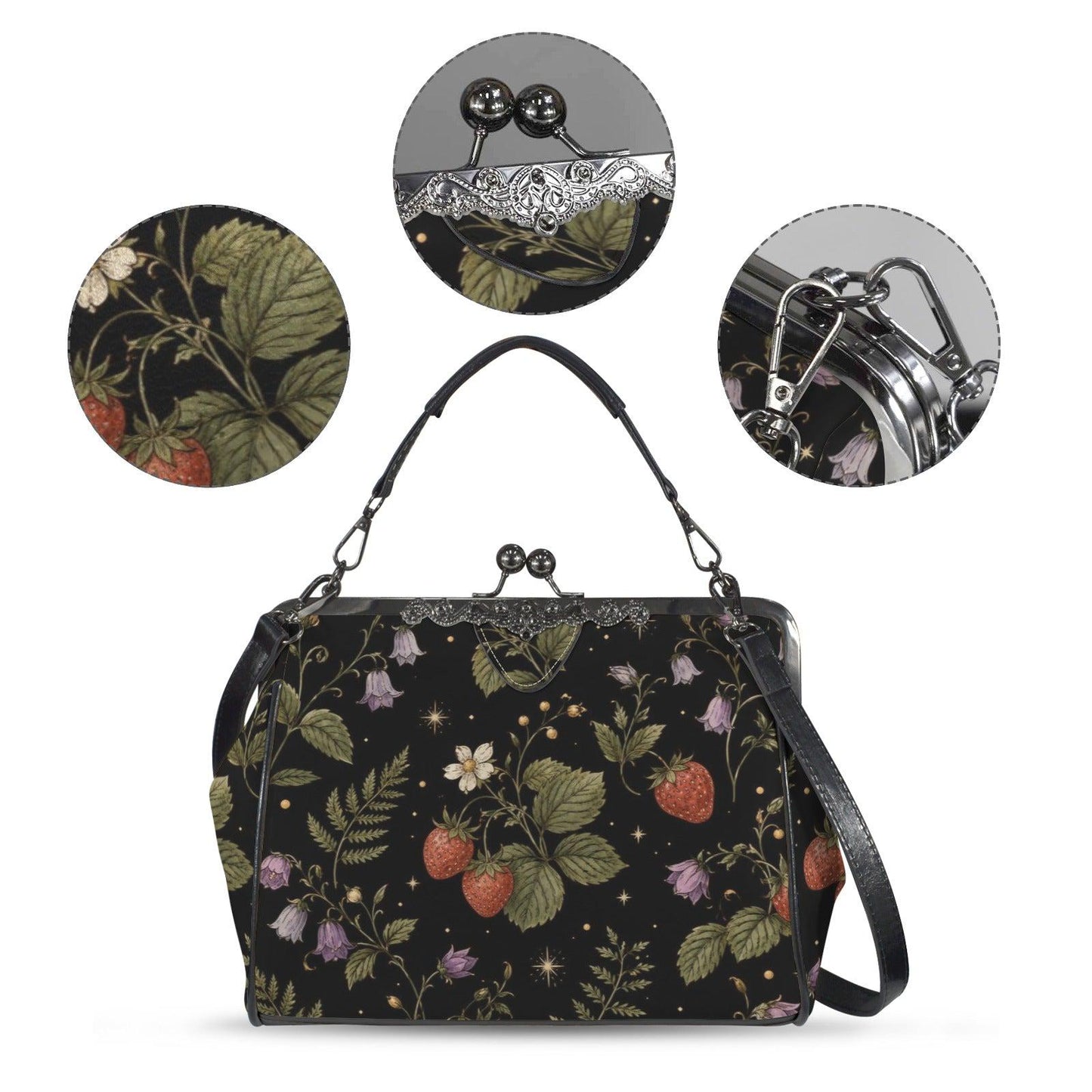 Black Wild Strawberry Kiss Lock Handbag, Vintage Cottagecore Crossbody Purse