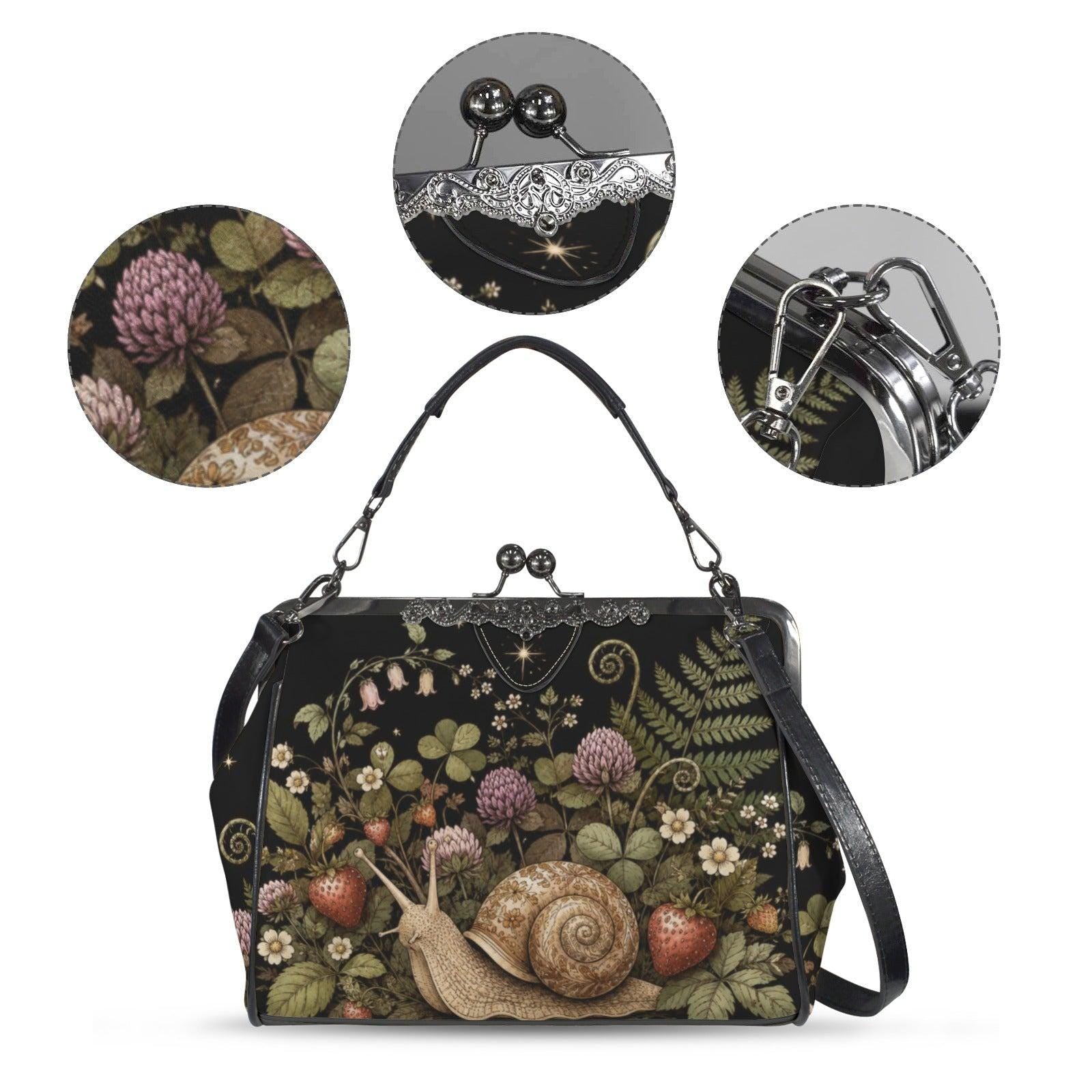 Strawberry Snail Kiss Lock Handbag, Dark Botanical Print Shoulder Bag