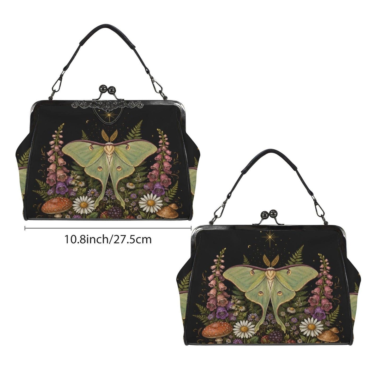 Luna Moth Wildflower Kiss Lock Handbag, Woodland Botanical Print Shoulder Bag