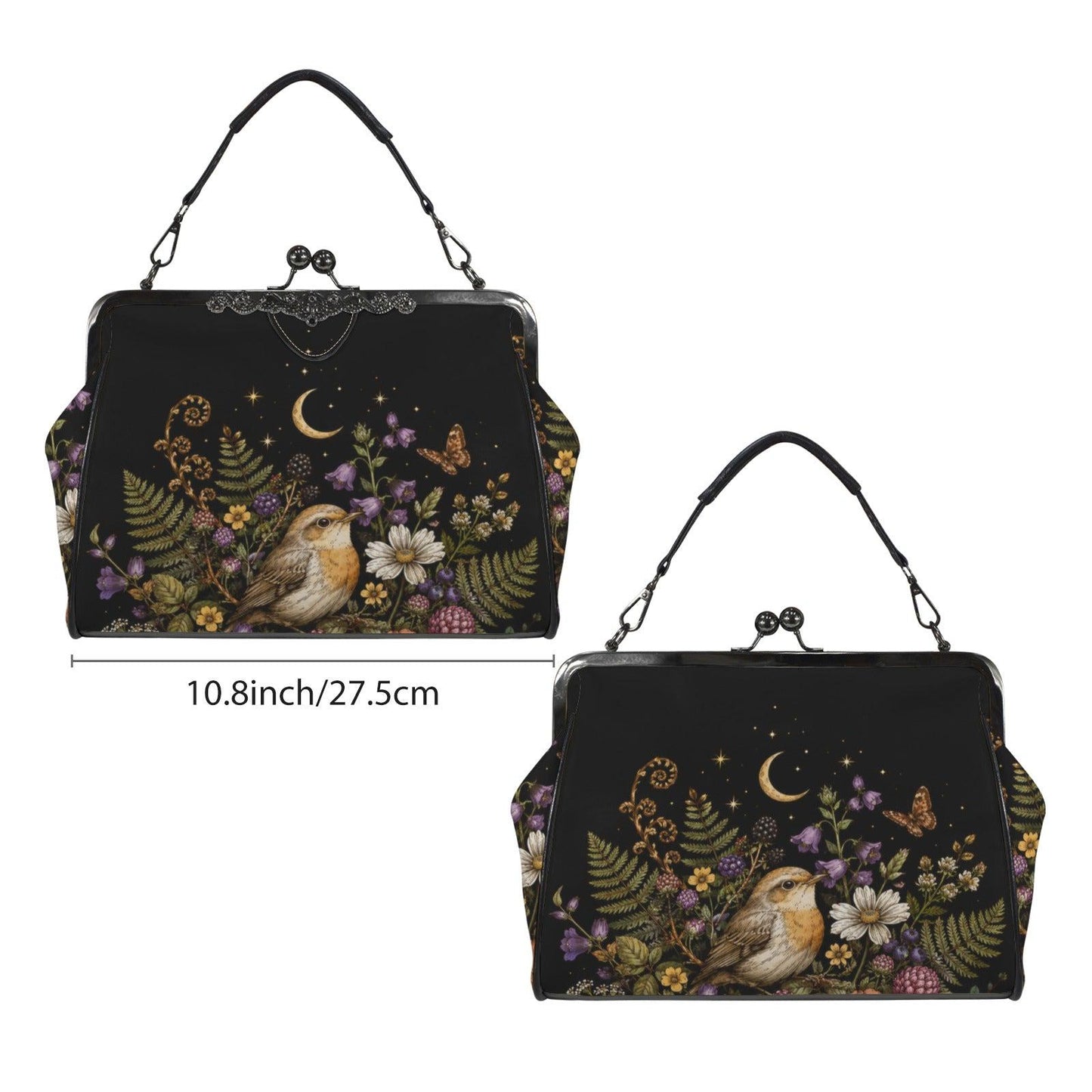 Whimsigoth Bird Moon Kiss Lock Handbag, Black Floral Garden Shoulder Bag