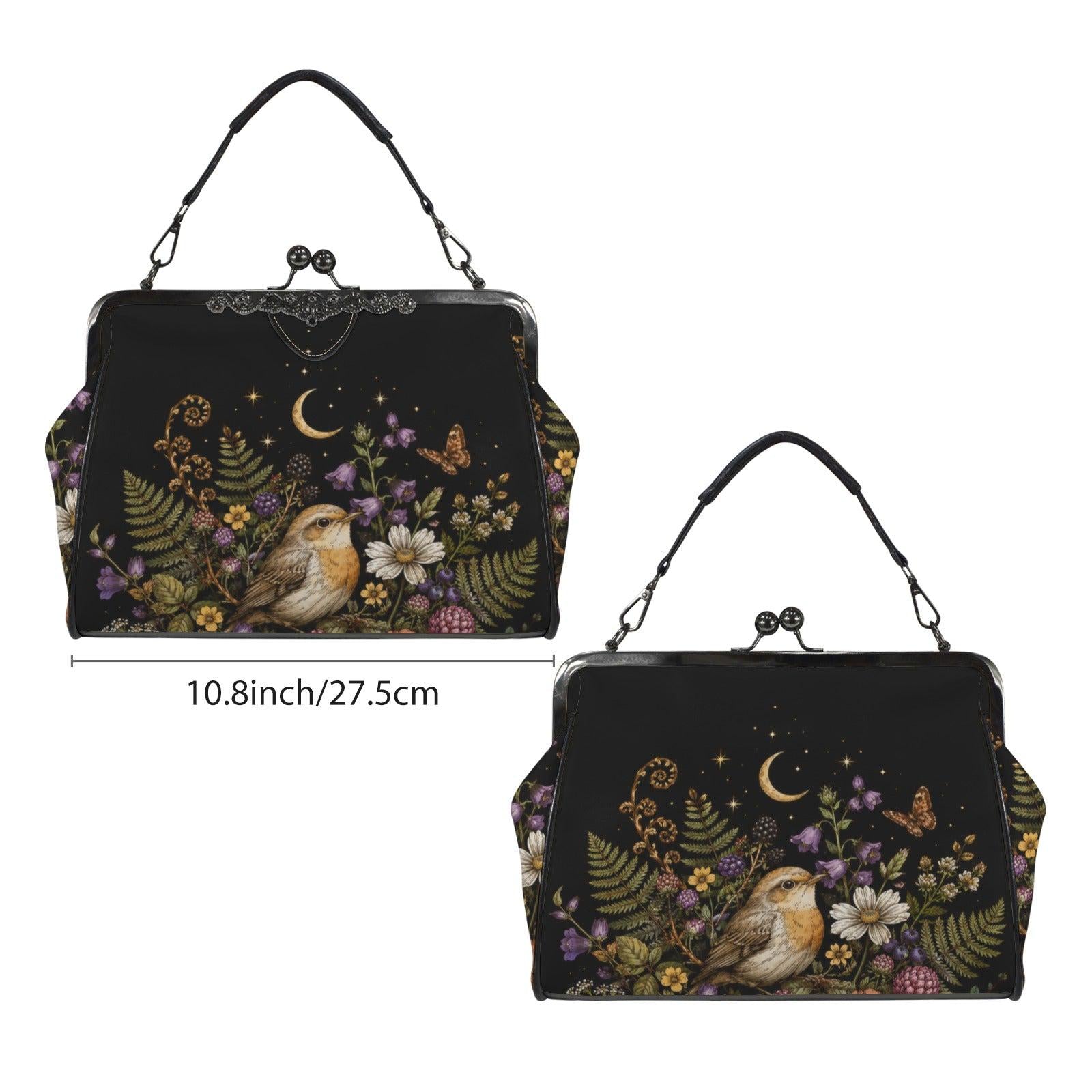 Whimsigoth Bird Moon Kiss Lock Handbag, Black Floral Garden Shoulder Bag
