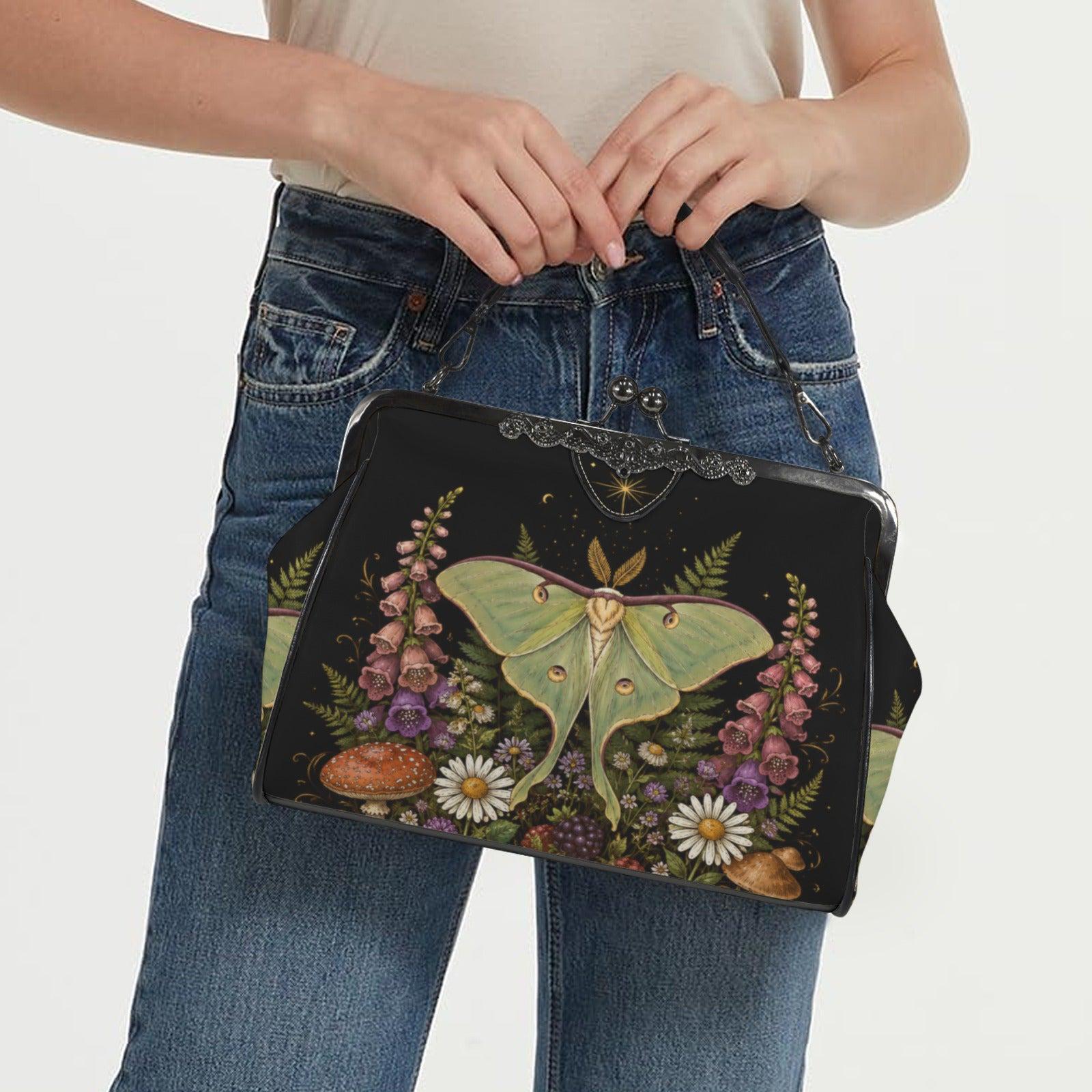 Luna Moth Wildflower Kiss Lock Handbag, Woodland Botanical Print Shoulder Bag