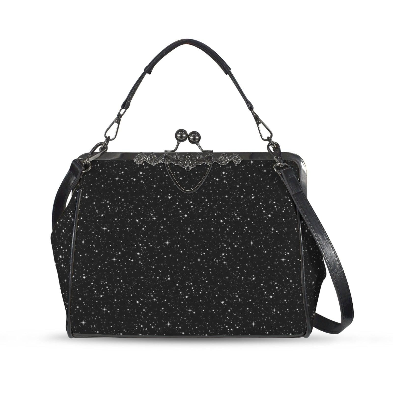 Black Starry Night Print Kiss Lock Handbag with Crossbody Strap