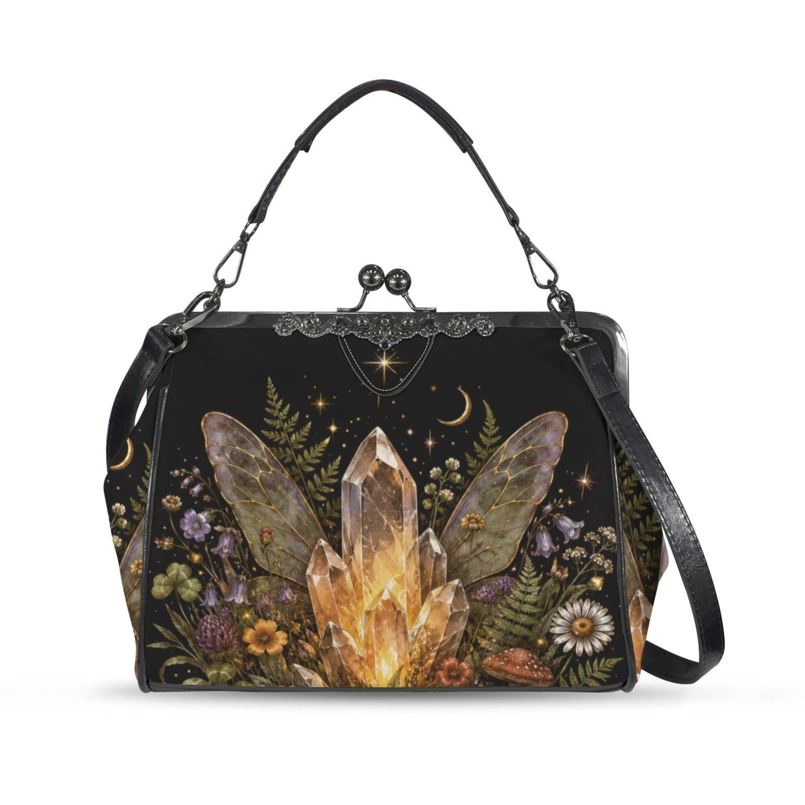 Fairycore Crystal Purse, Gold Quartz Fairy Wing Print Kiss Lock Cottage Witch Crossbody Bag