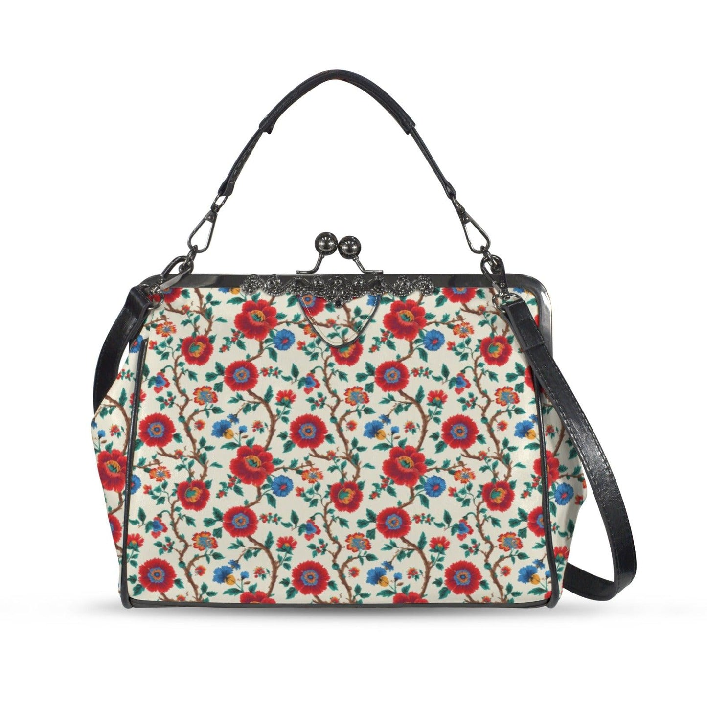 Red Rose Floral Kisslock Crossbody Bag, Vintage Style Shoulder Purse