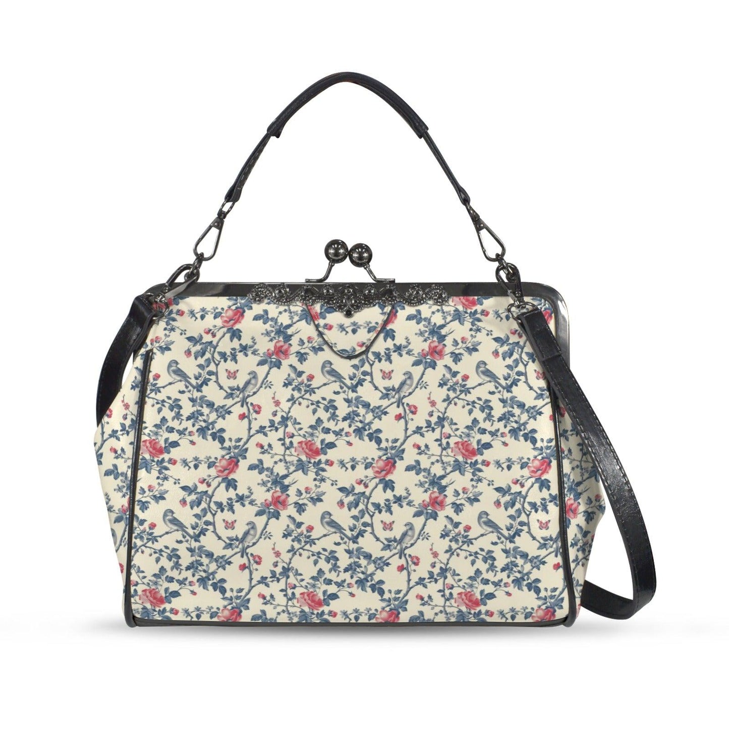 Floral Bird Print Kisslock Bag, Vintage Ditsy Shoulder Purse, Top Handle Bag