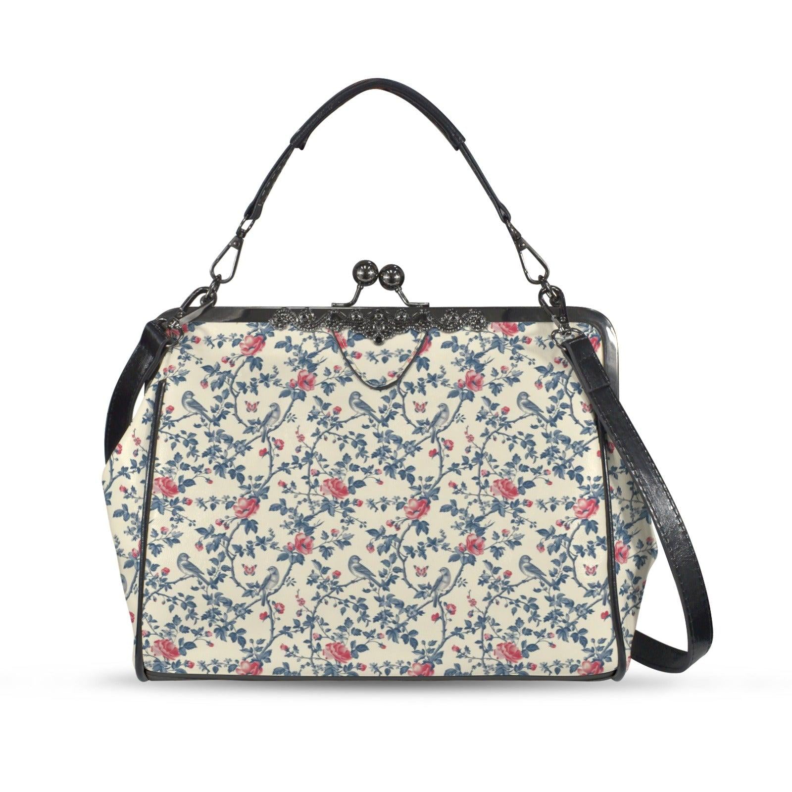 Floral Bird Print Kisslock Bag, Vintage Ditsy Shoulder Purse, Top Handle Bag