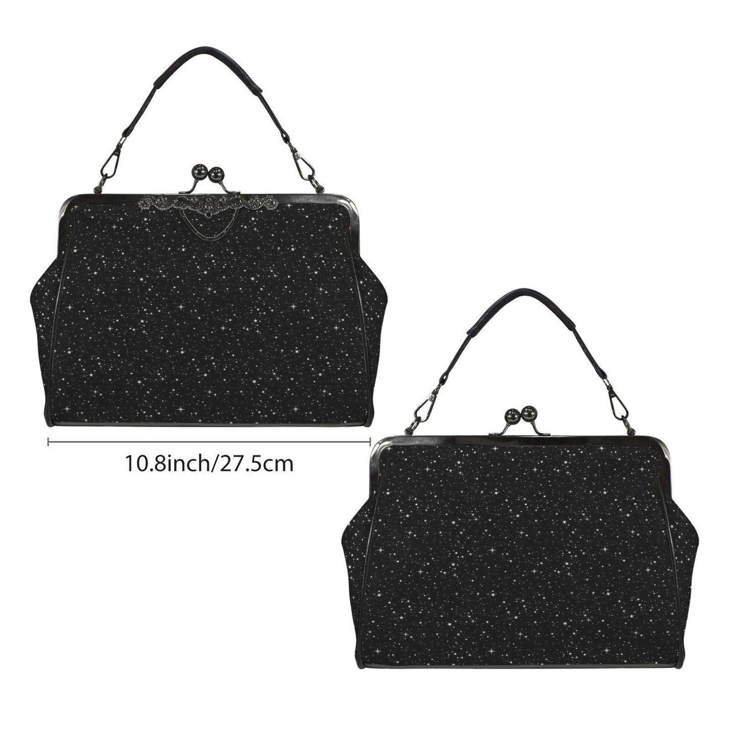 Black Starry Night Print Kiss Lock Handbag with Crossbody Strap