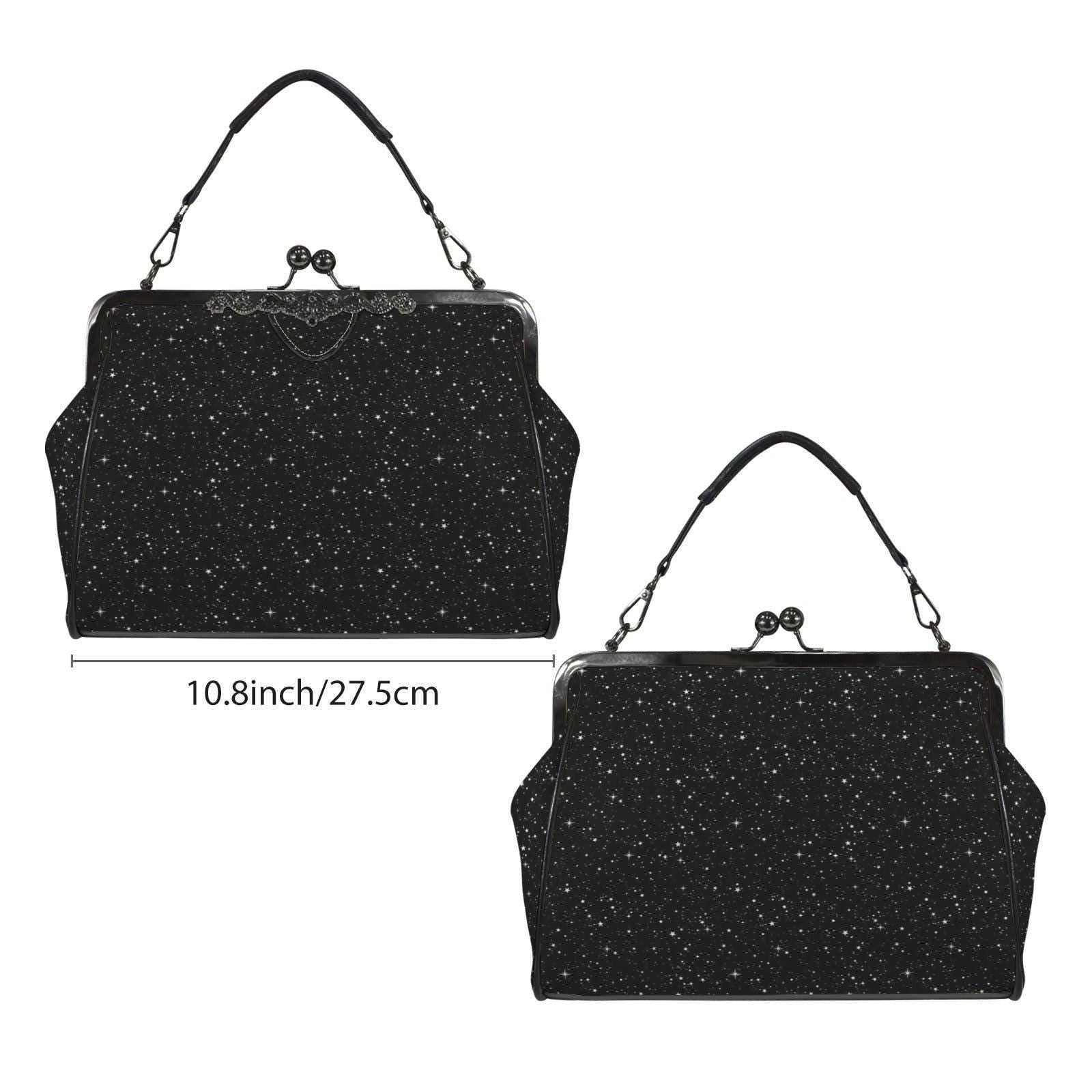 Black Starry Night Print Kiss Lock Handbag with Crossbody Strap