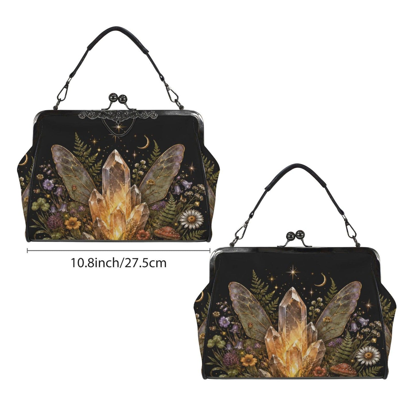 Fairycore Crystal Purse, Gold Quartz Fairy Wing Print Kiss Lock Cottage Witch Crossbody Bag