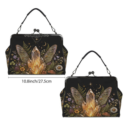 Fairycore Crystal Purse, Gold Quartz Fairy Wing Print Kiss Lock Cottage Witch Crossbody Bag