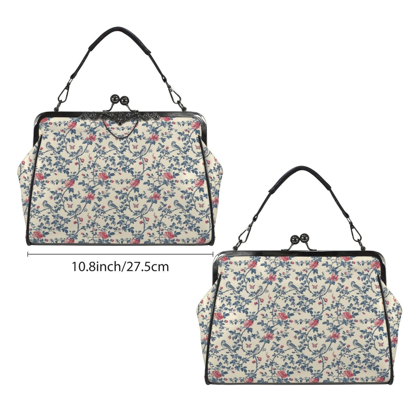 Floral Bird Print Kisslock Bag, Vintage Ditsy Shoulder Purse, Top Handle Bag