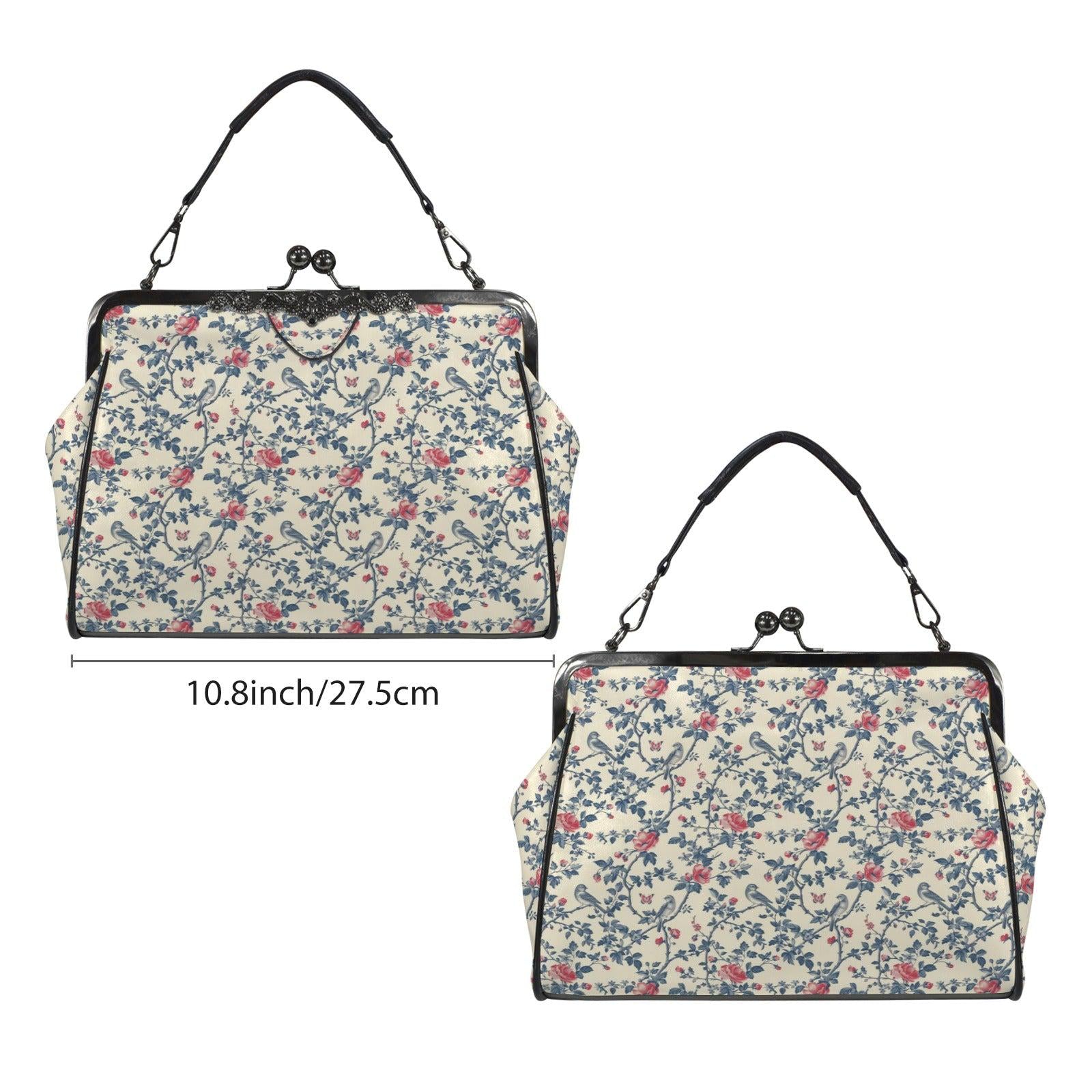 Floral Bird Print Kisslock Bag, Vintage Ditsy Shoulder Purse, Top Handle Bag