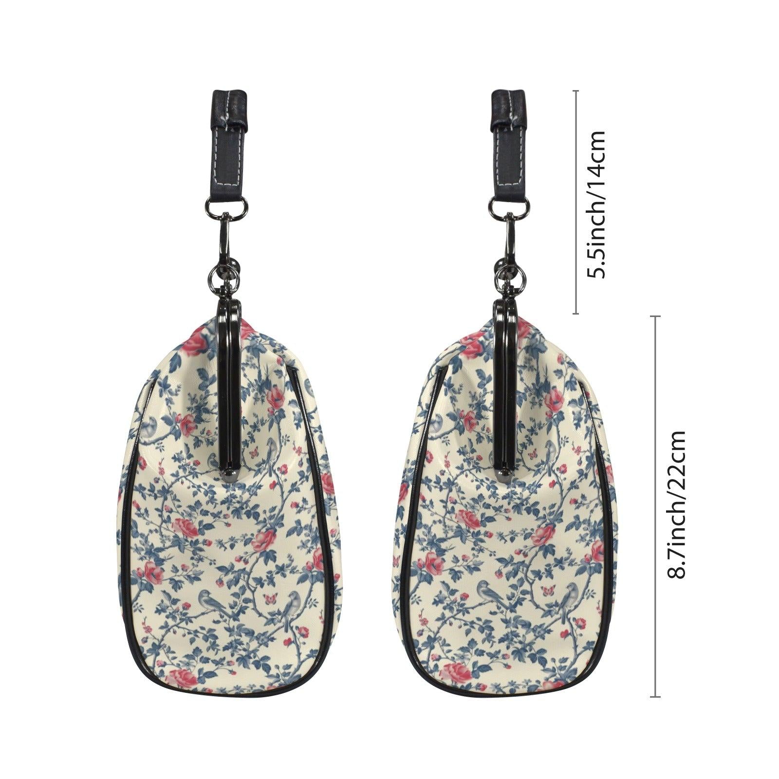 Floral Bird Print Kisslock Bag, Vintage Ditsy Shoulder Purse, Top Handle Bag