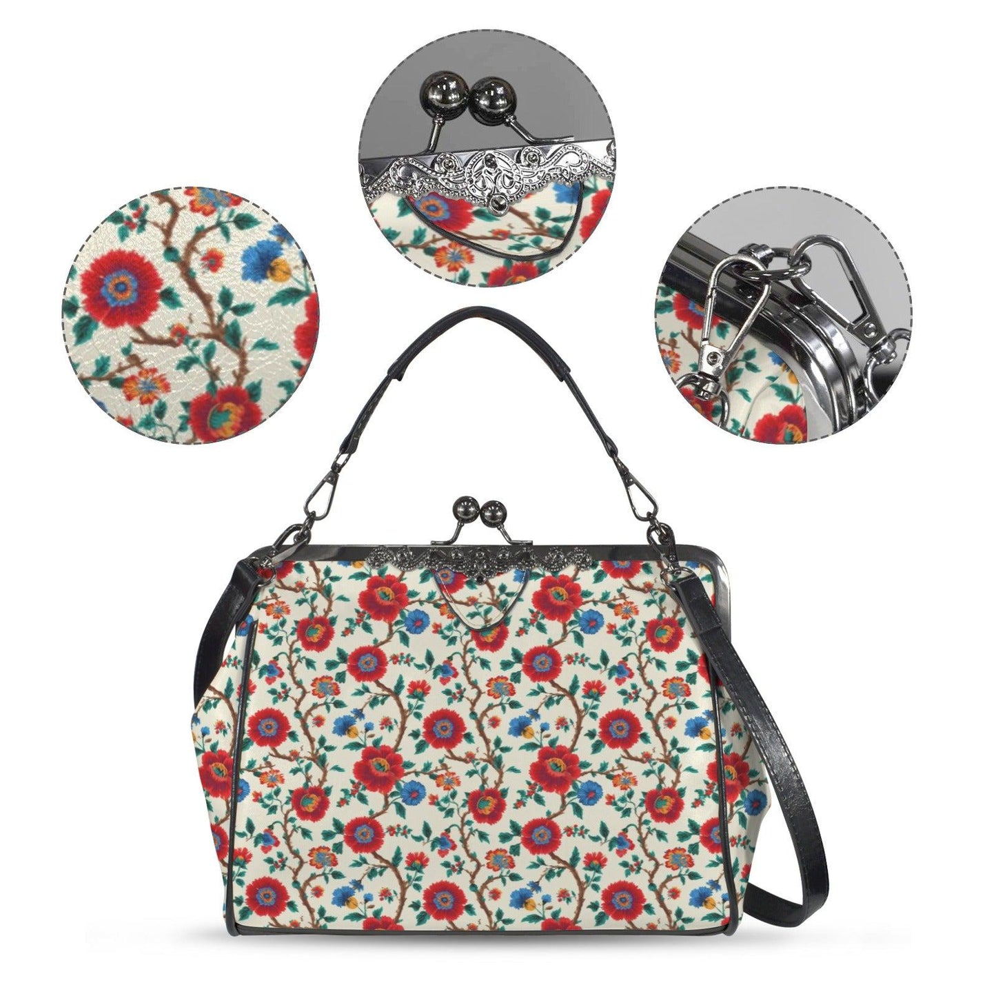 Red Rose Floral Kisslock Crossbody Bag, Vintage Style Shoulder Purse